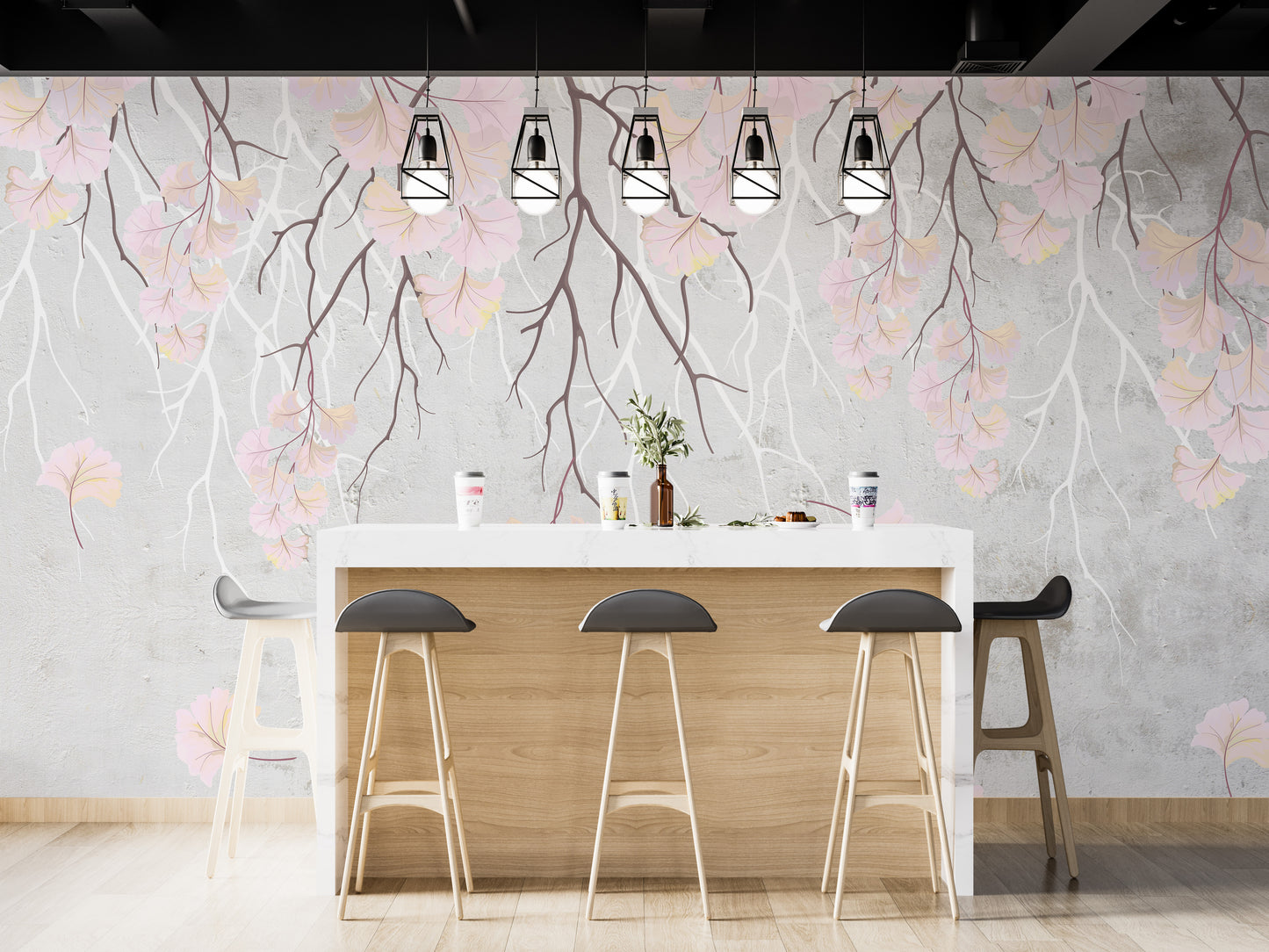 Hanging flower details on pink wall mural