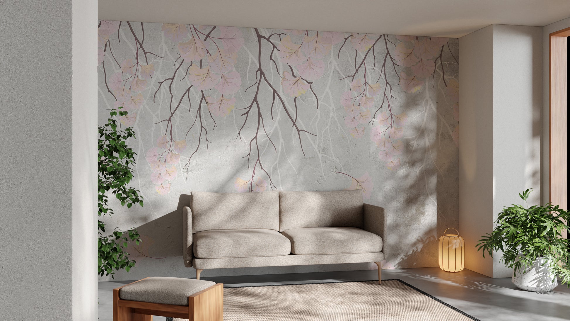 Pink Wallpaper with floral hanging branches