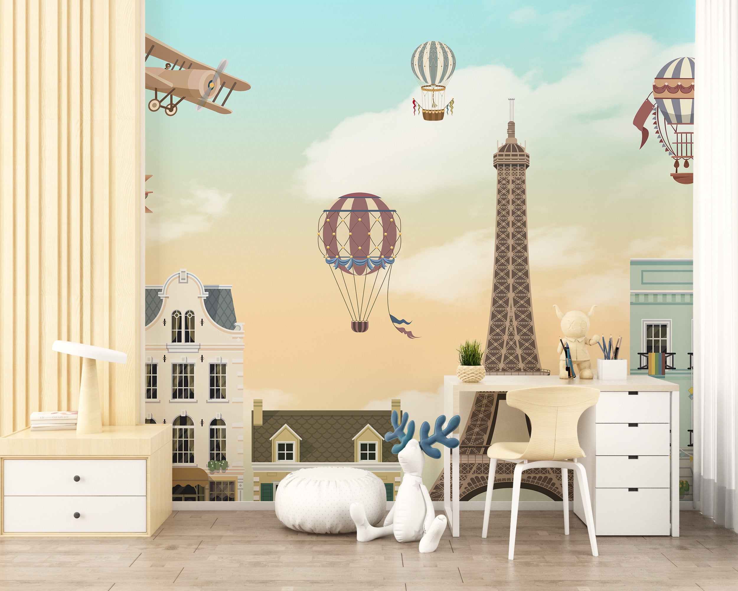 Playful Eiffel Tower City Wallpaper for Children
