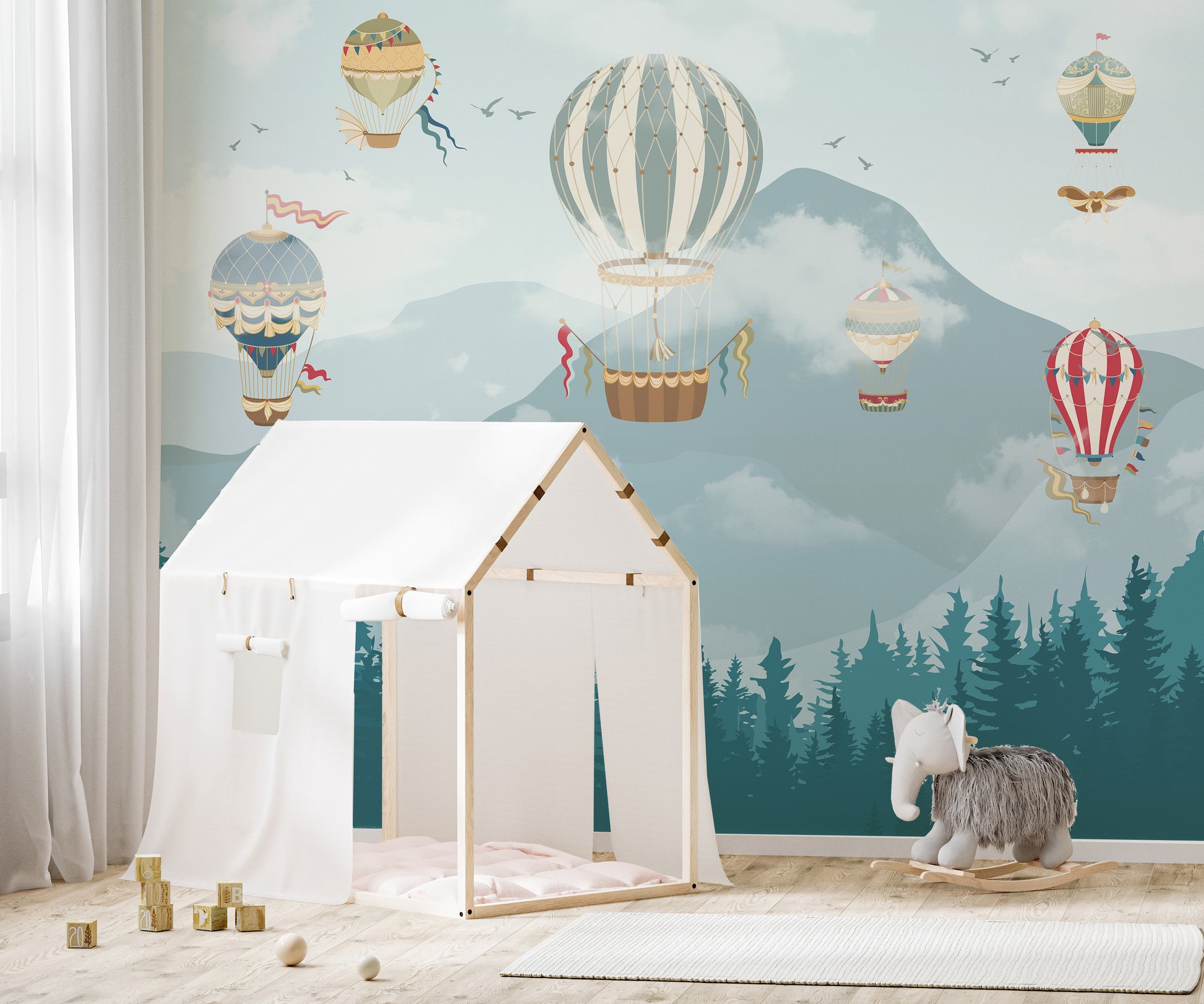 Balloon-Filled Sky Wall Mural for Kids' Room Decor