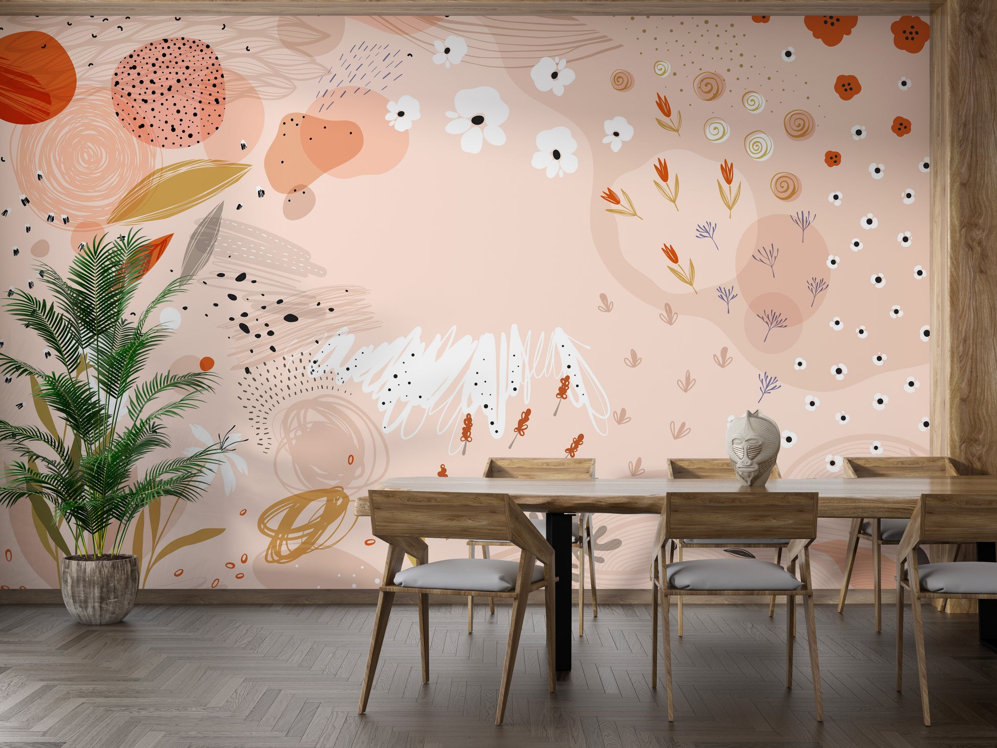 Trendy Floral Art Wallpaper Mural with Abstract Design 