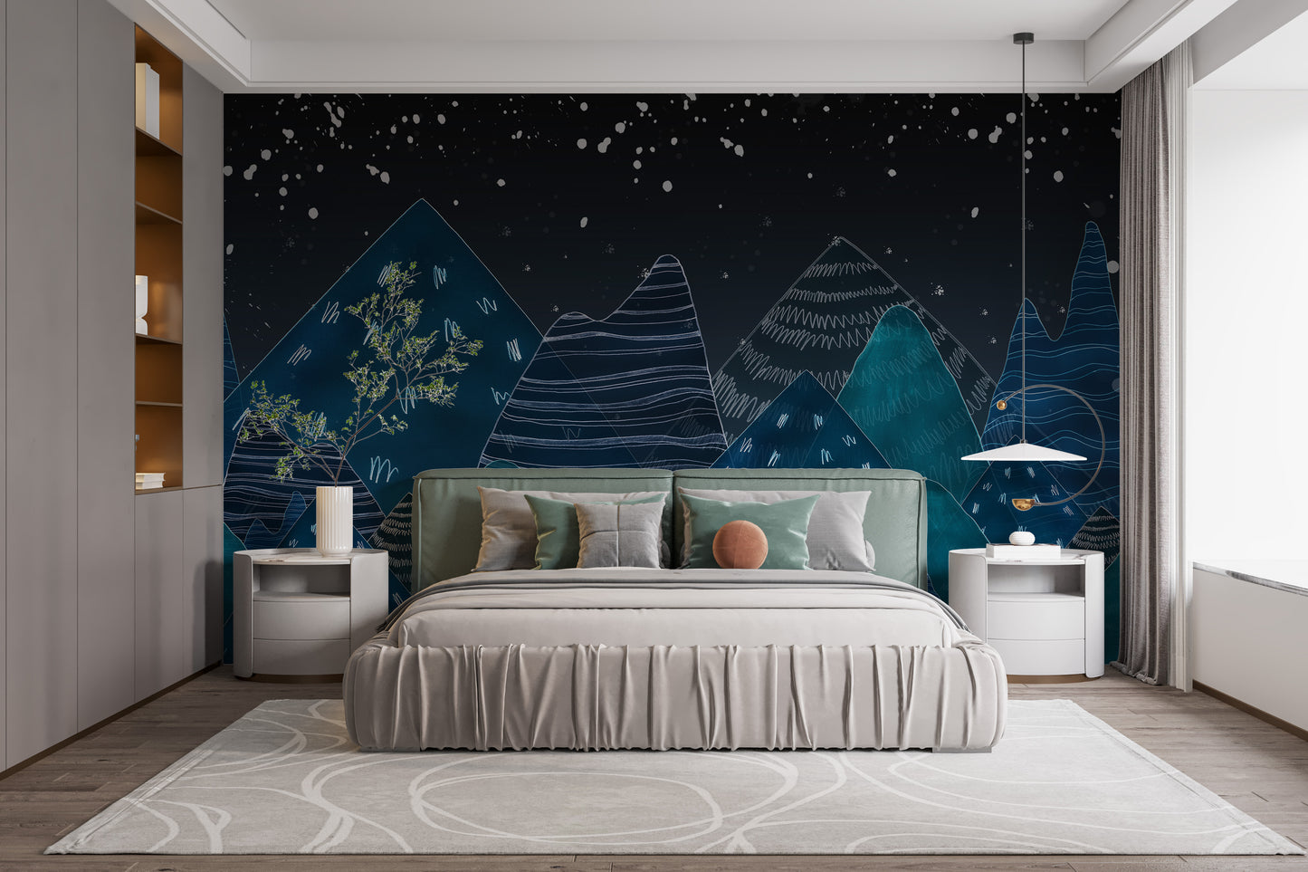 Scenic dark blue mountain wallpaper mural