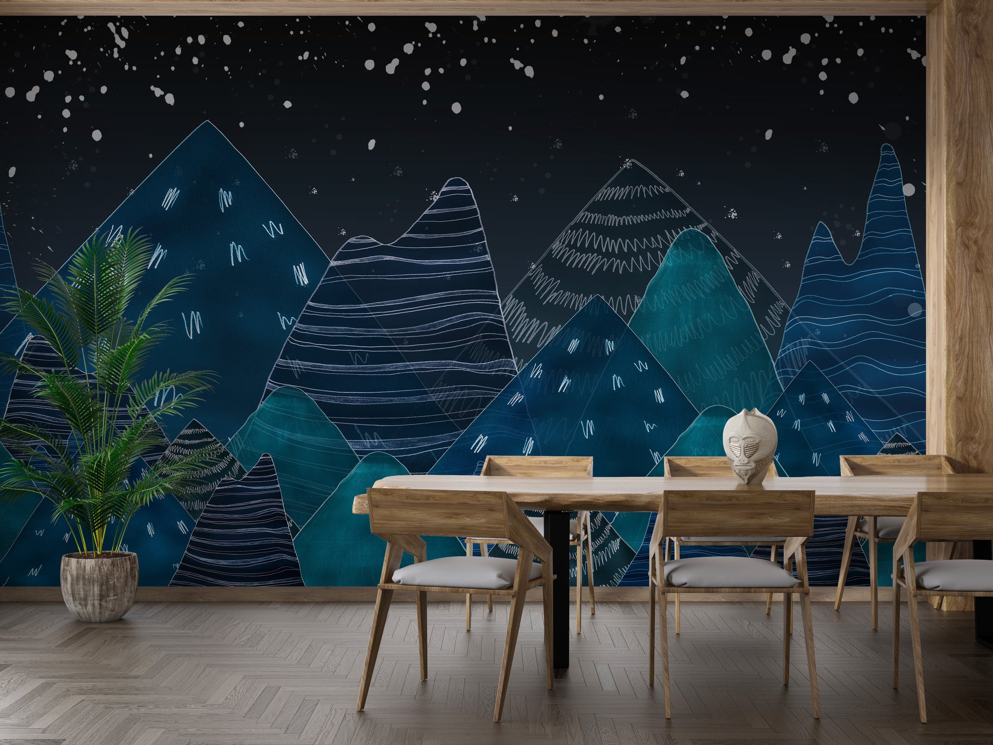 Majestic mountain scene wallpaper mural in blue