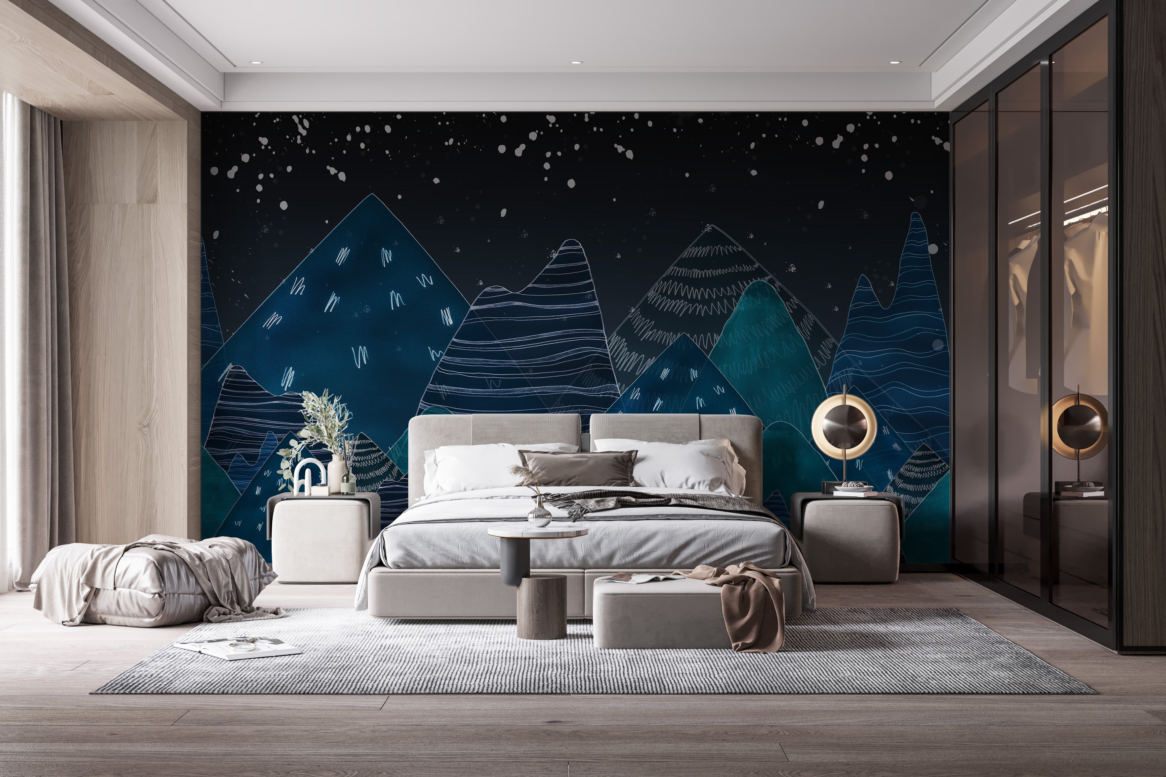 Serene dark blue mountain wallpaper mural