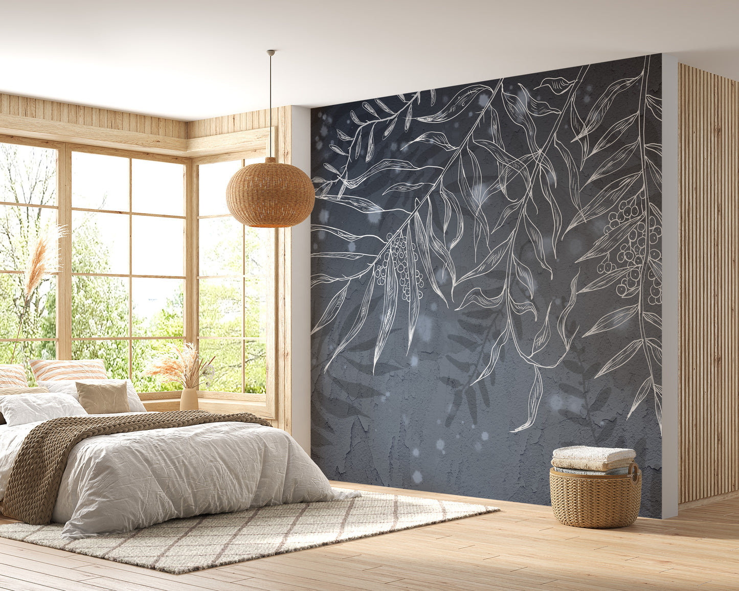 Stylish hummingbird leaves dark gray wallpaper mural