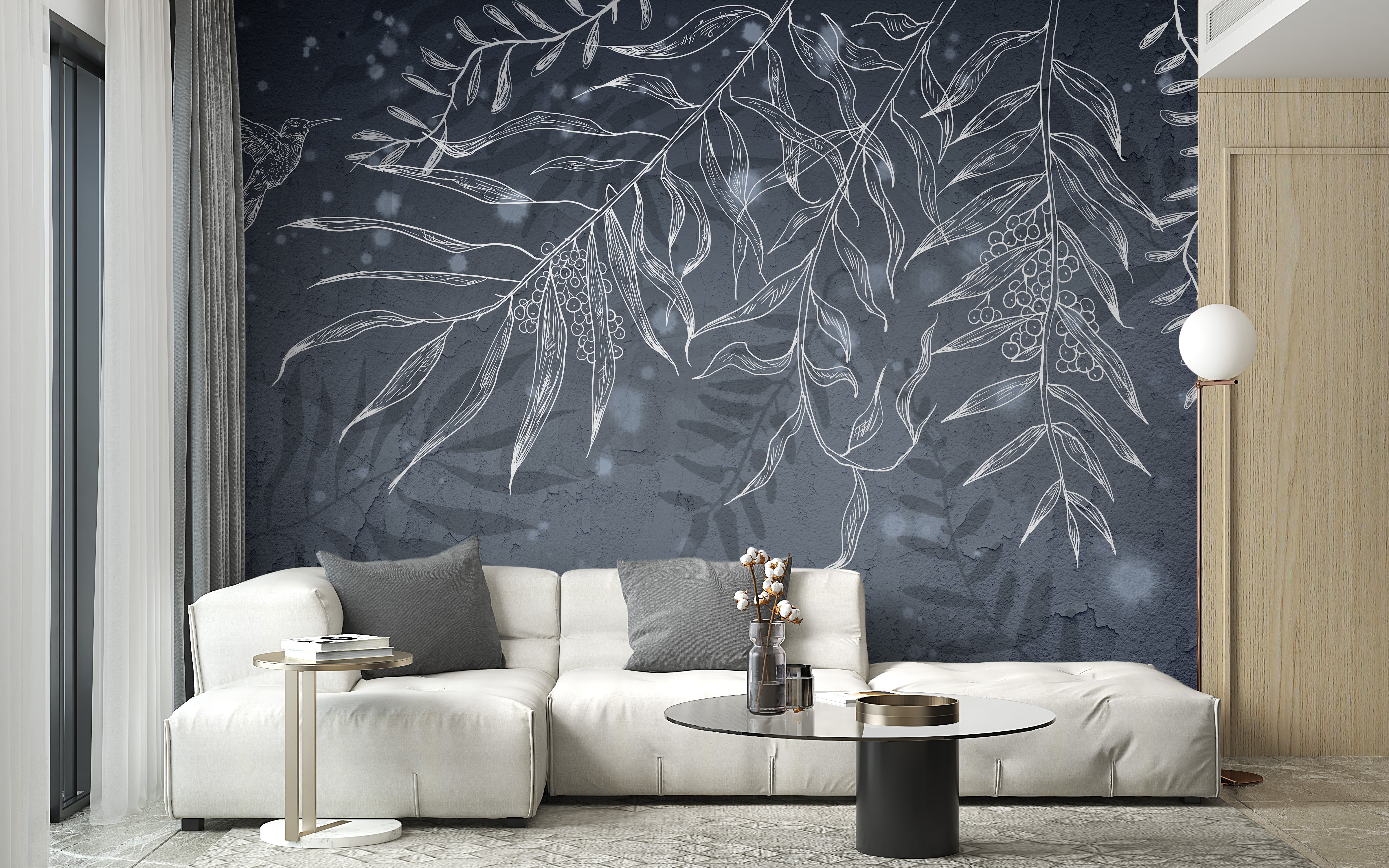 Shadowy leaves and hummingbird wallpaper mural