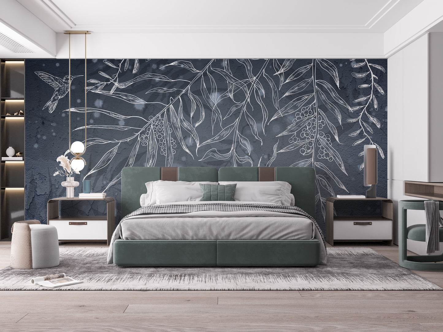 Dark gray hummingbird wallpaper mural with leaves