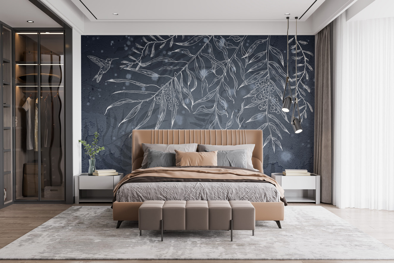 Elegant dark gray hummingbird leaves wallpaper mural