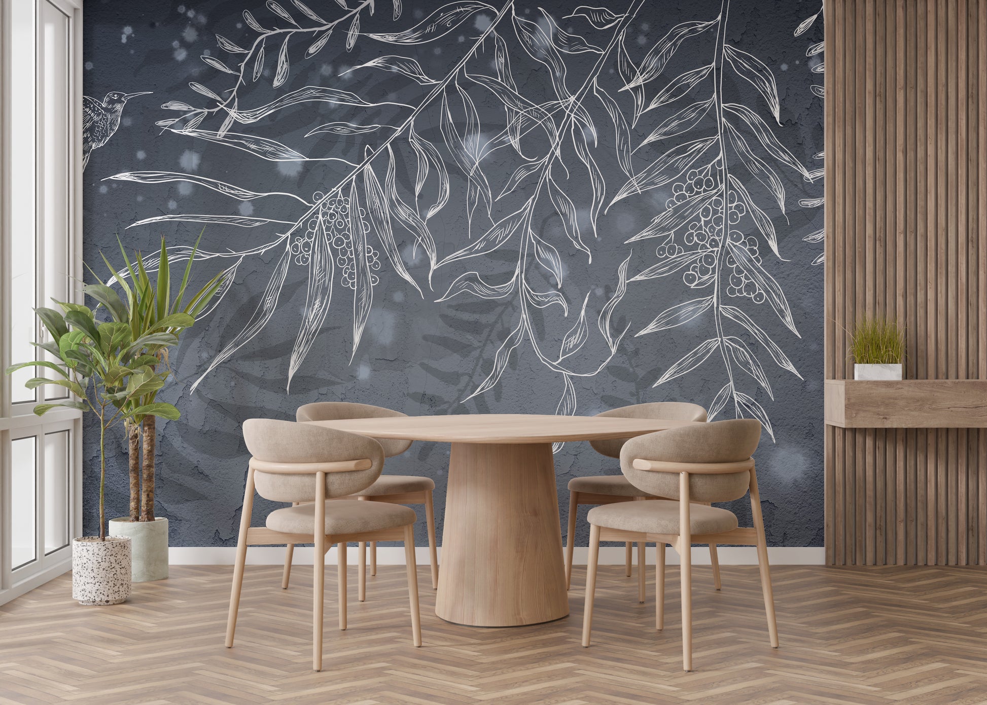 Dark gray hummingbird and leaves wallpaper mural