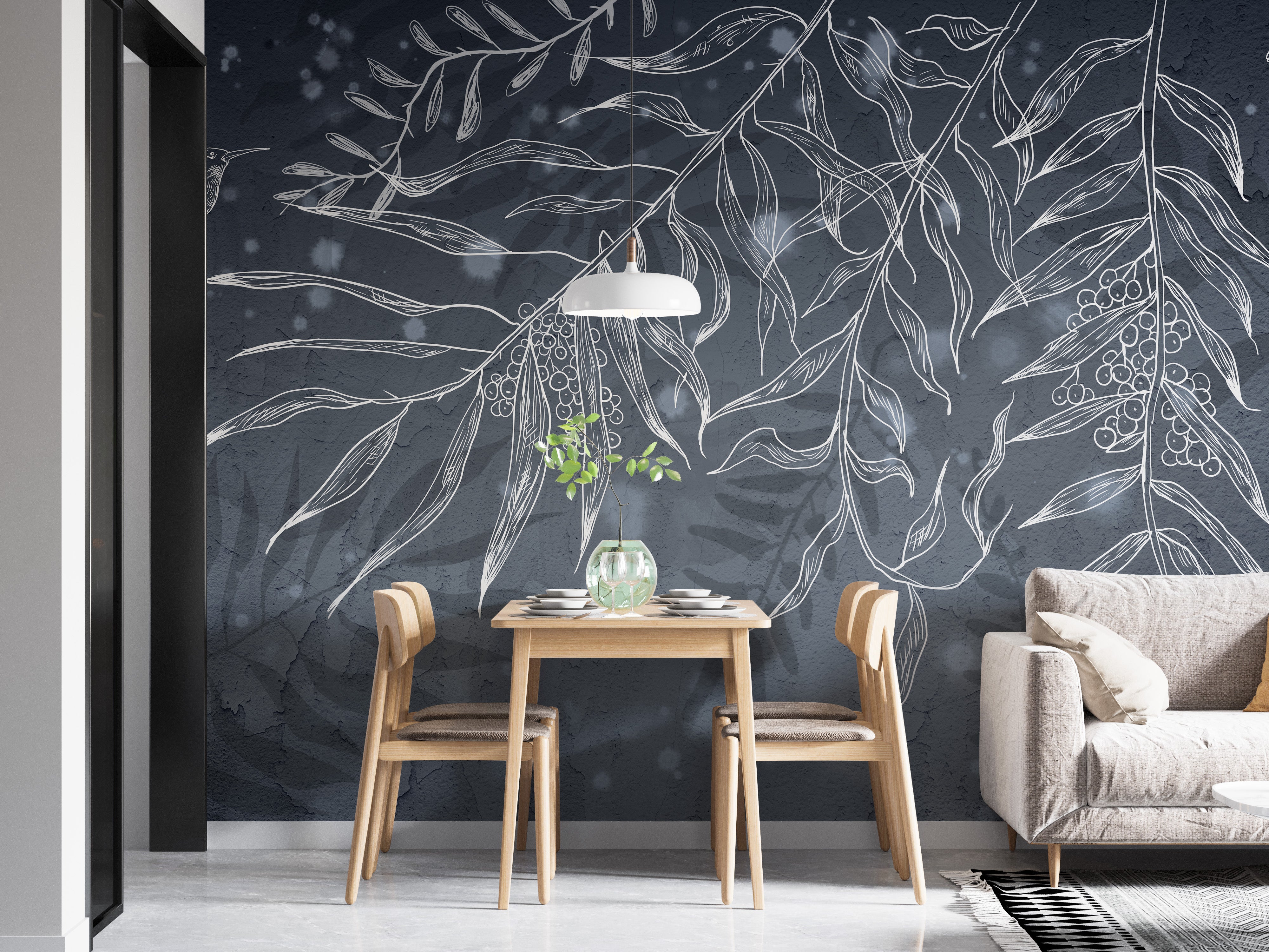 Sophisticated hummingbird leaves wallpaper mural design