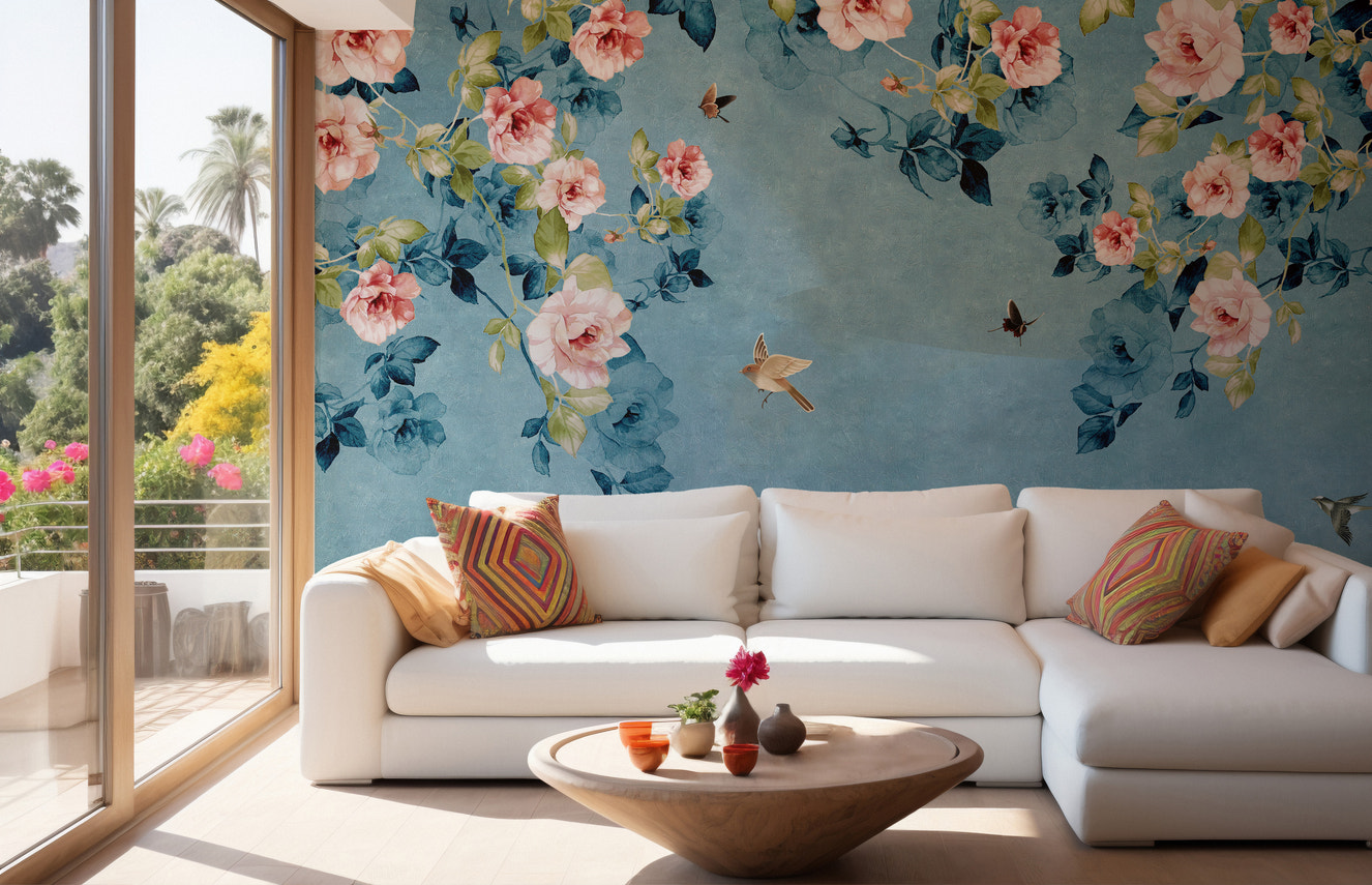 Watercolor Pink Roses on Blue & Green Wallpaper Mural