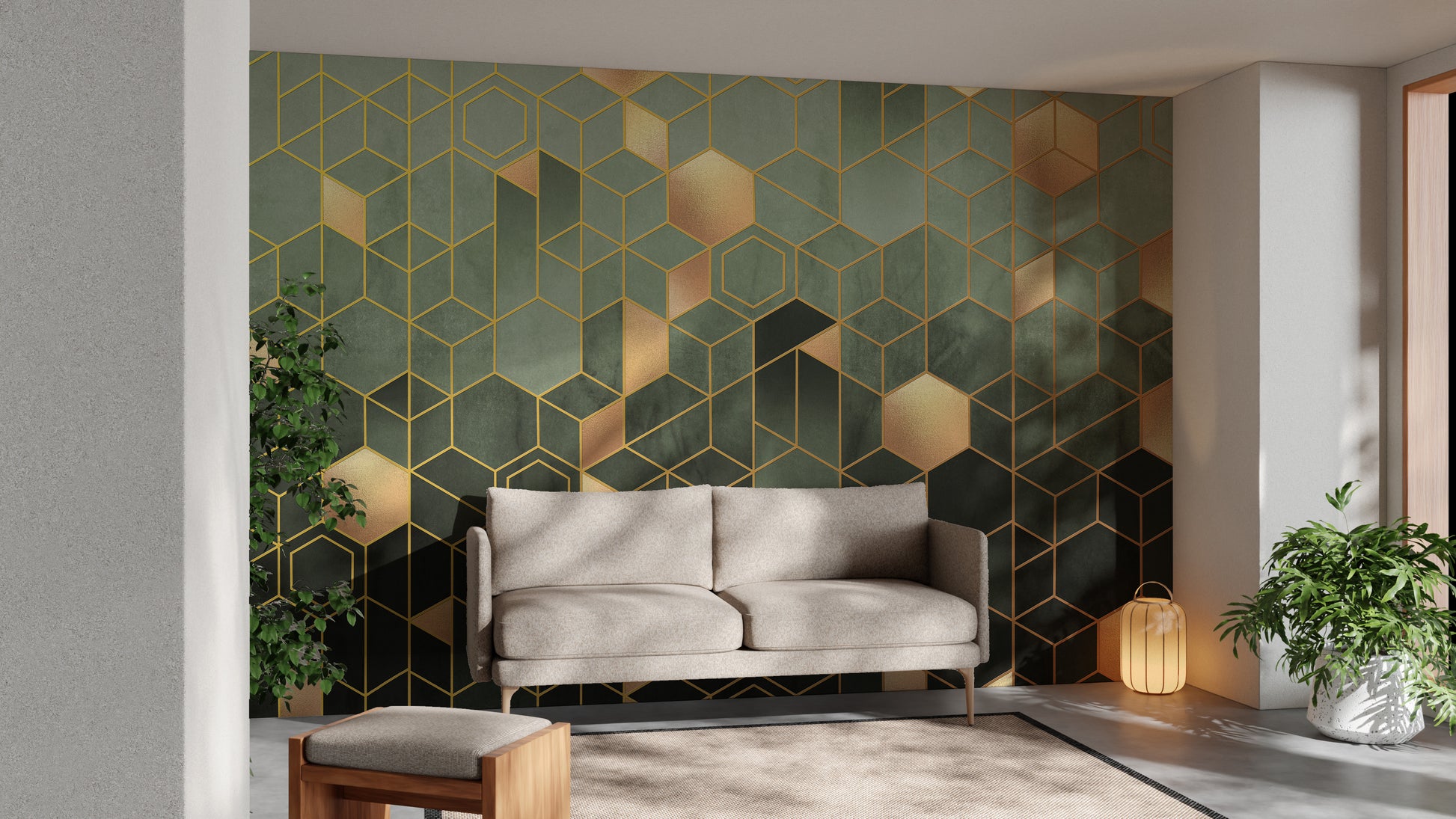 Modern Hexagonal Ombre Gold Wall Mural Design
