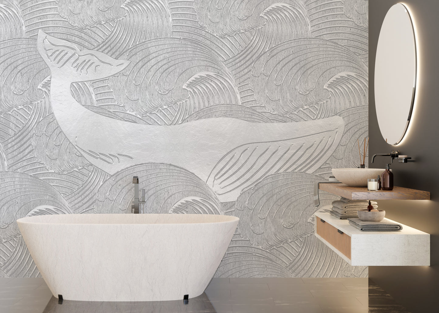 Handmade Silver Whale Wallpaper Mural Design
