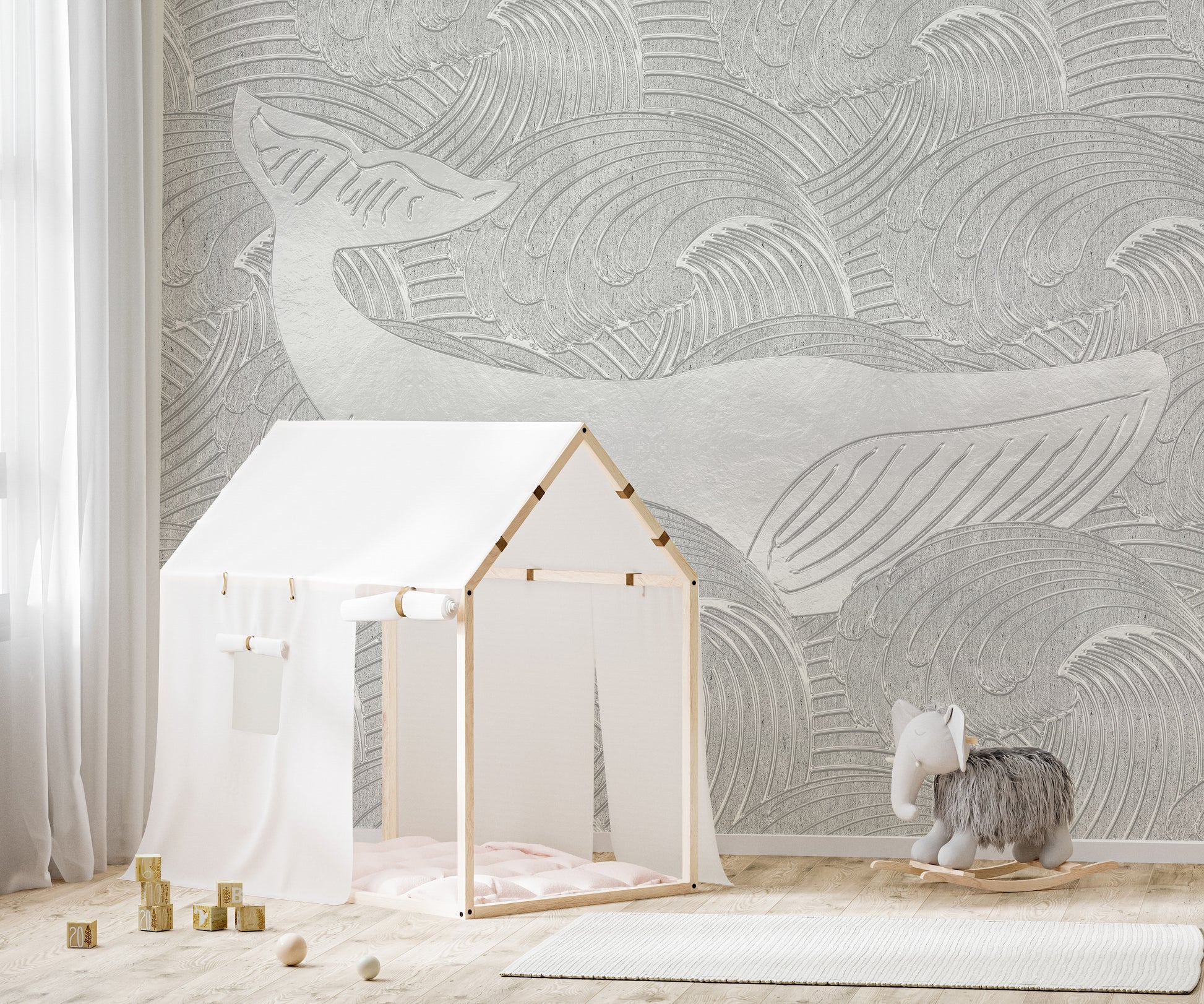 Artistic Silver Whale Handmade Wallpaper Mural
