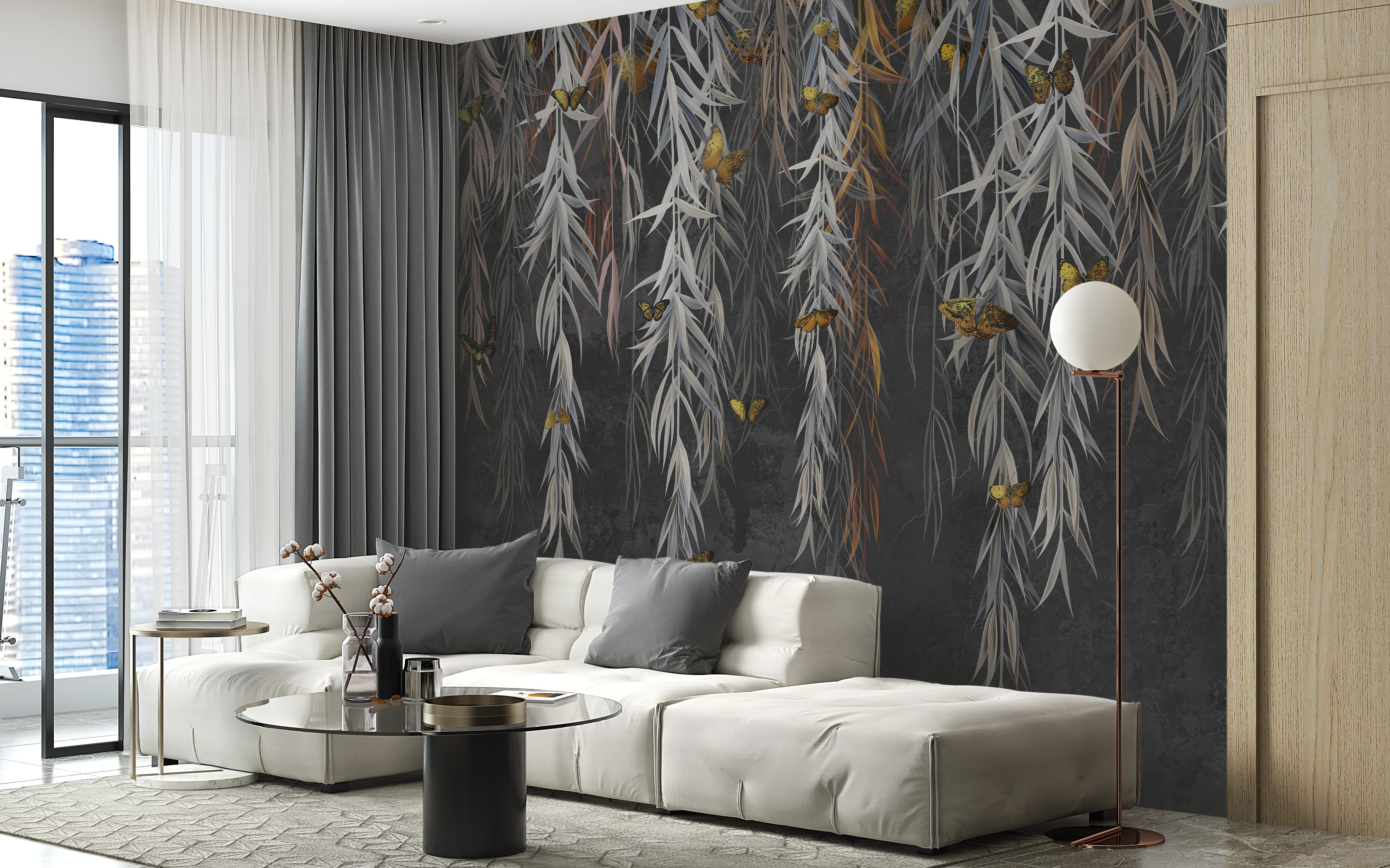 Golden Butterflies on Hanging Leaves Wallcovering Mural
