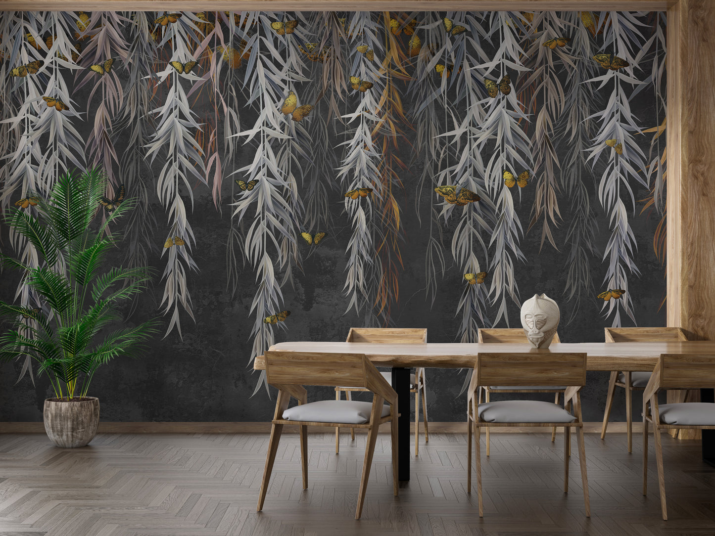 Golden Butterflies on Hanging Leaves Wallpaper Mural