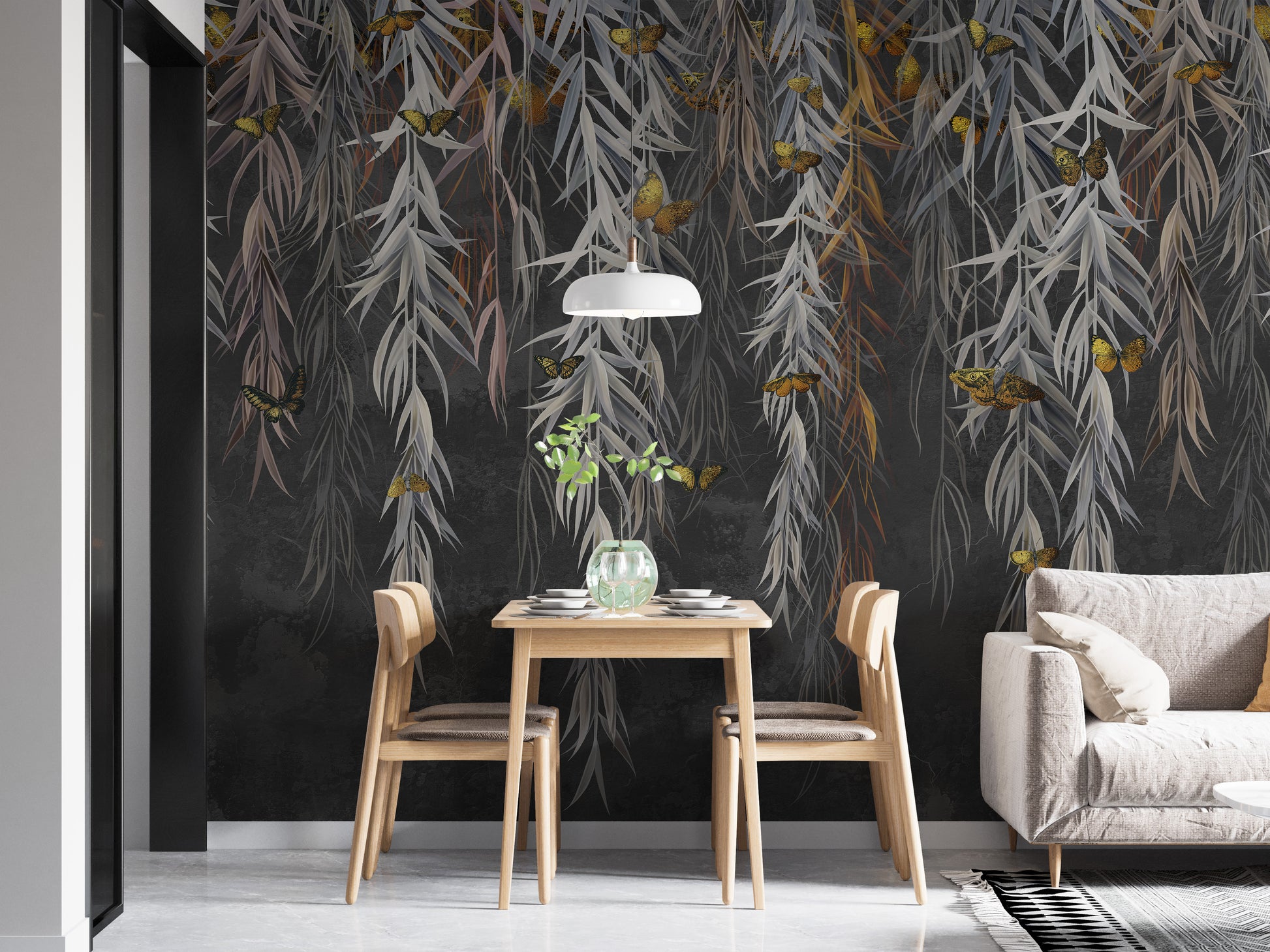 Golden Butterflies on Leaves Wallpaper Mural Design
