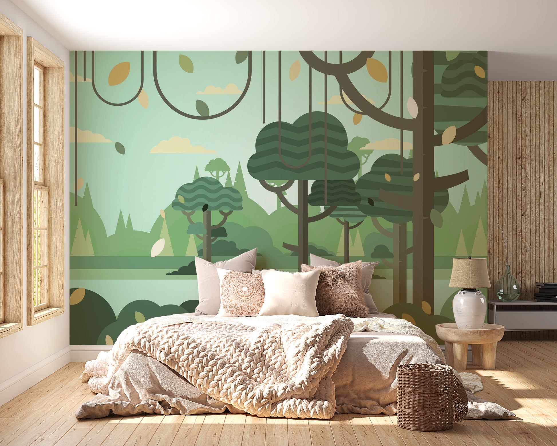 Eco-Friendly Green Forest Wall Mural with Trees