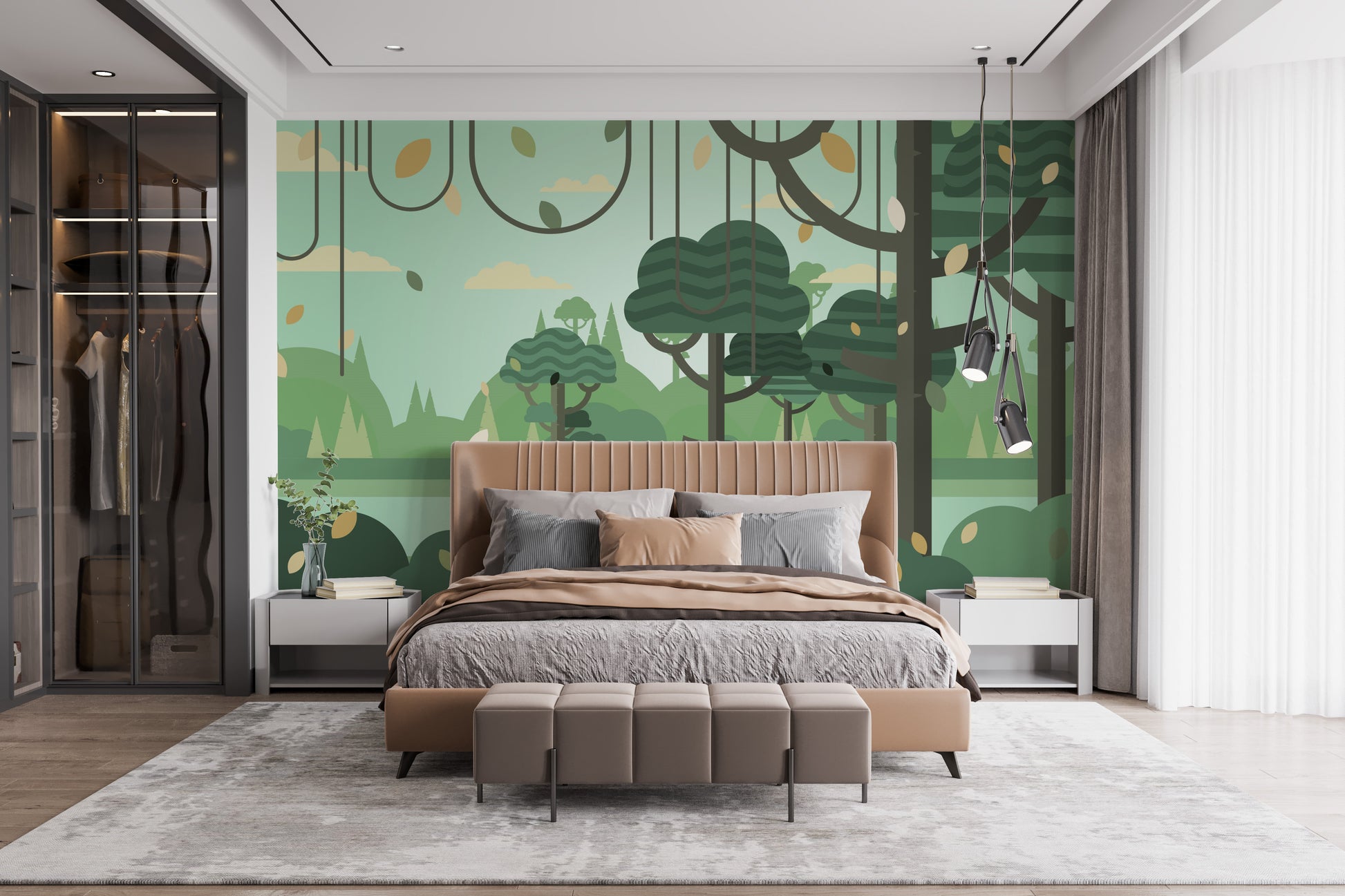 Tranquil Green Forest Wall Mural with Silhouetted Trees