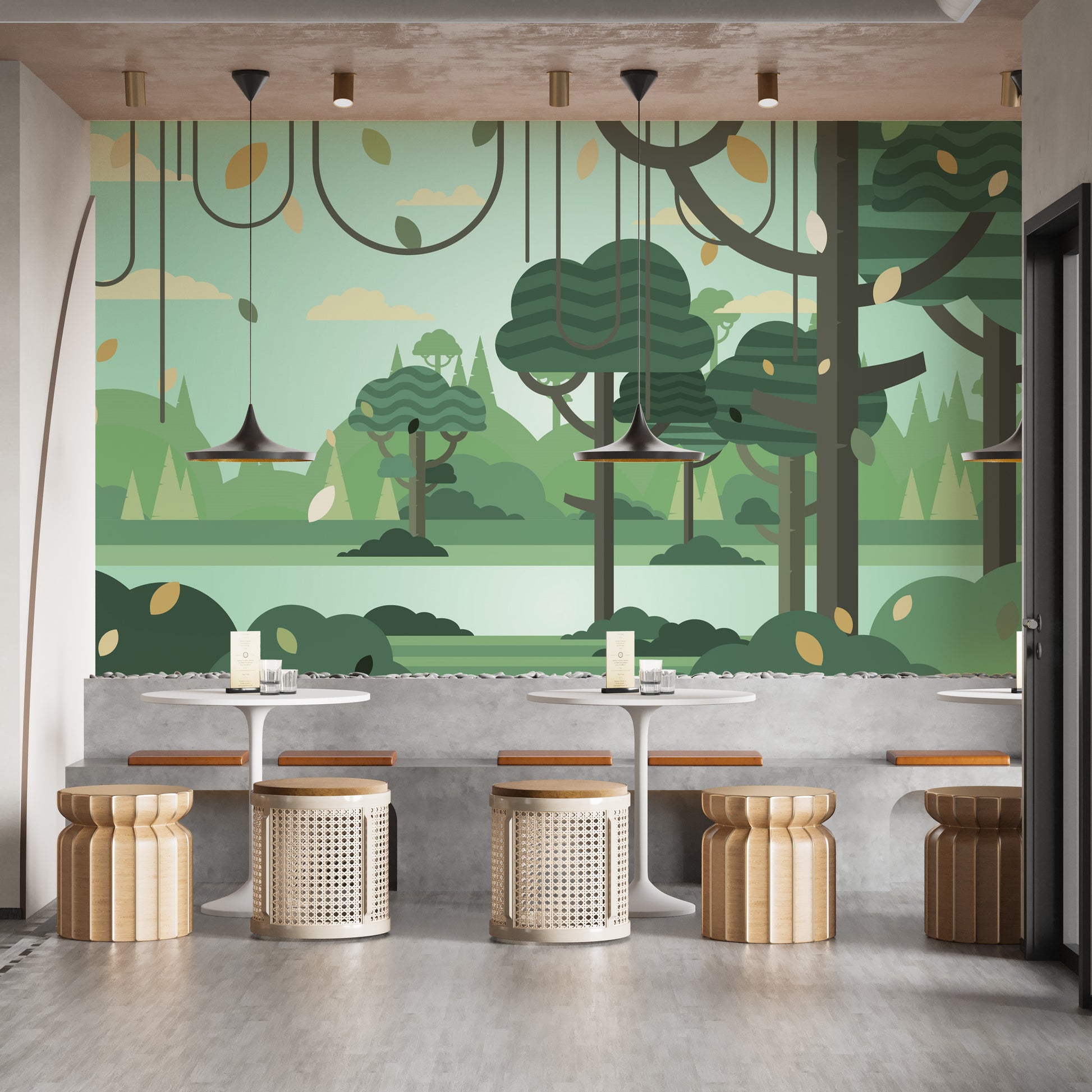 Peelable Green Forest Mural with Tree Silhouettes