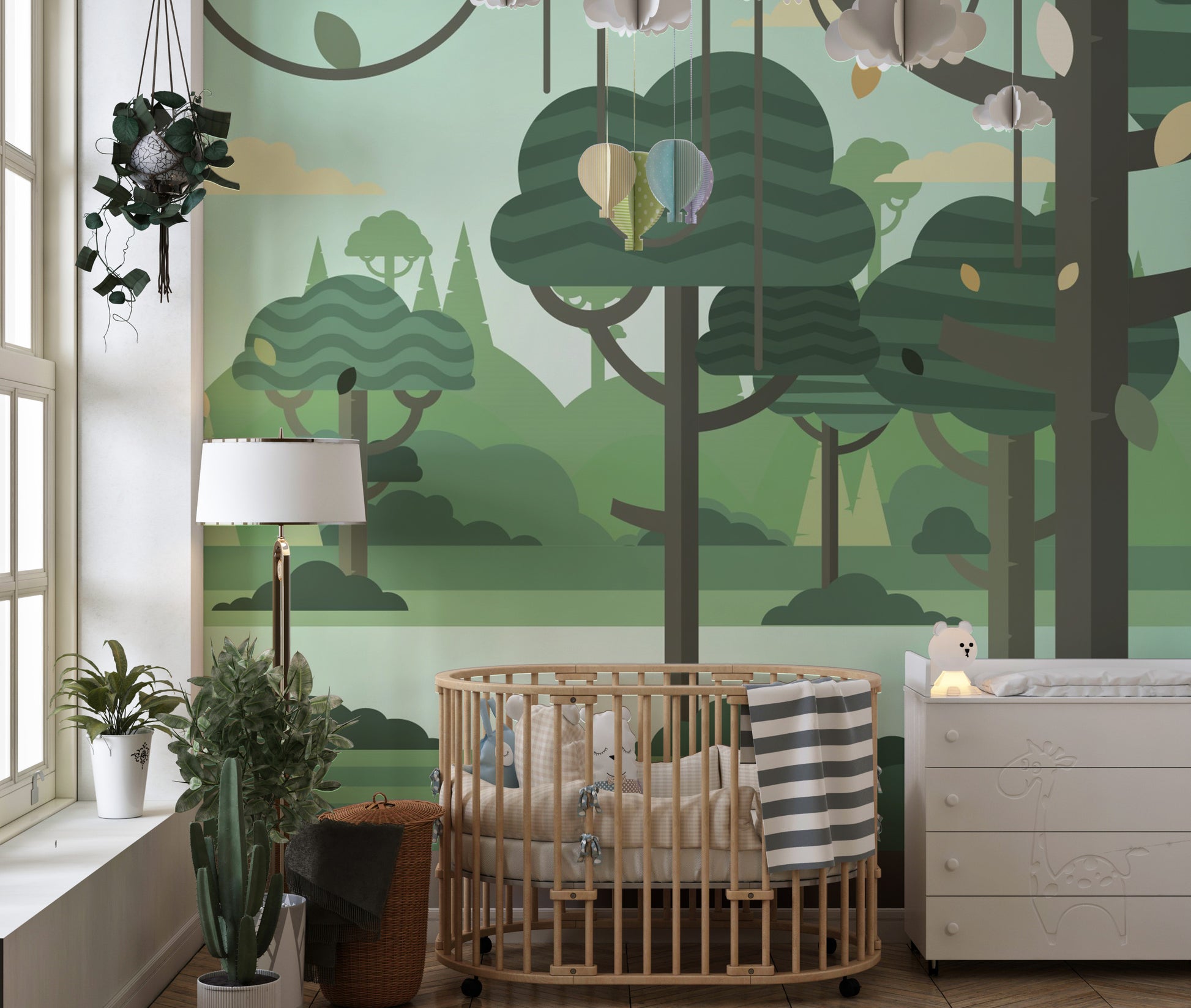 Botanical Green Silhouette Tree Wallpaper Mural