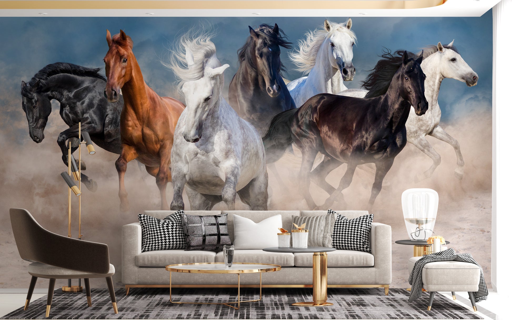 Wild horses running in desert storm wall mural