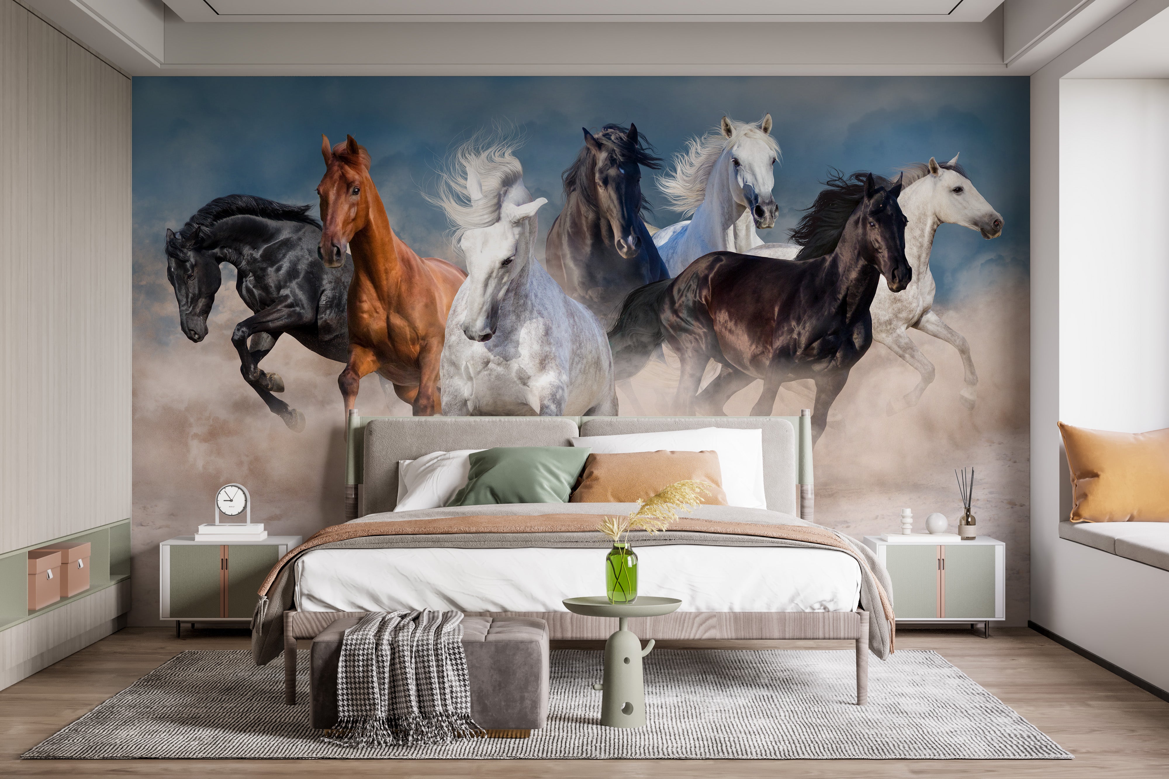 Stormy desert horse mural for dramatic room ambiance