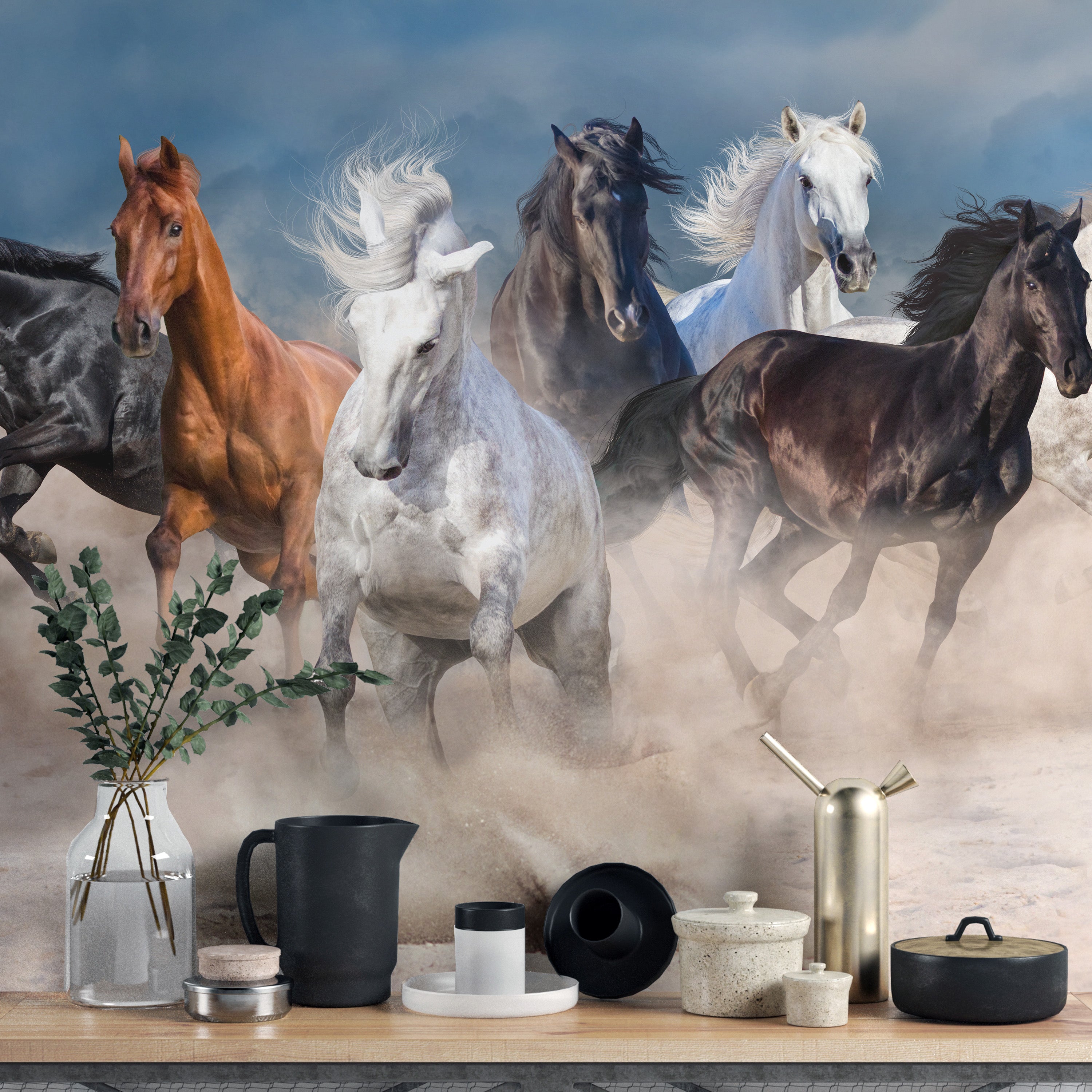 Running horse desert wallpaper with stormy backdrop