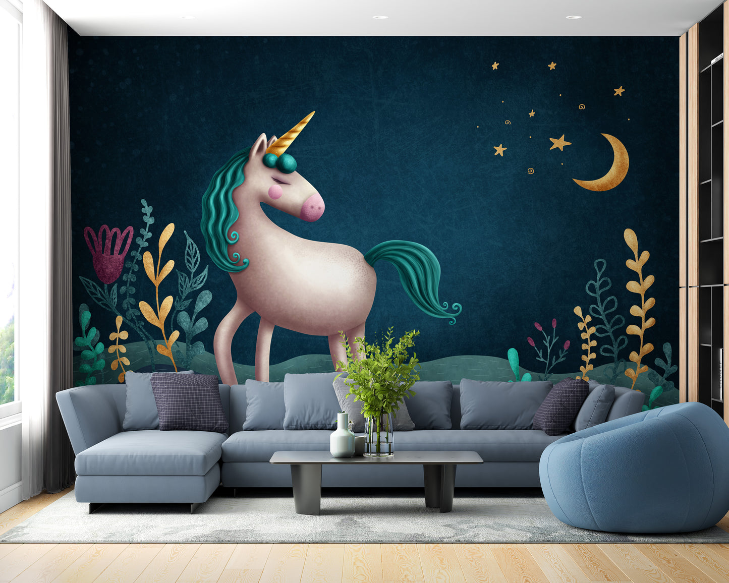 Blue & Green Night Unicorn Kids Nursery Wallpaper Mural