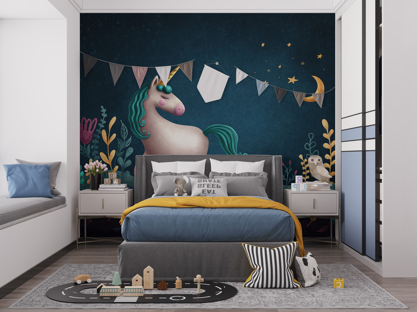 Blue & Green Night Unicorn Kids Nursery Wallpaper Mural