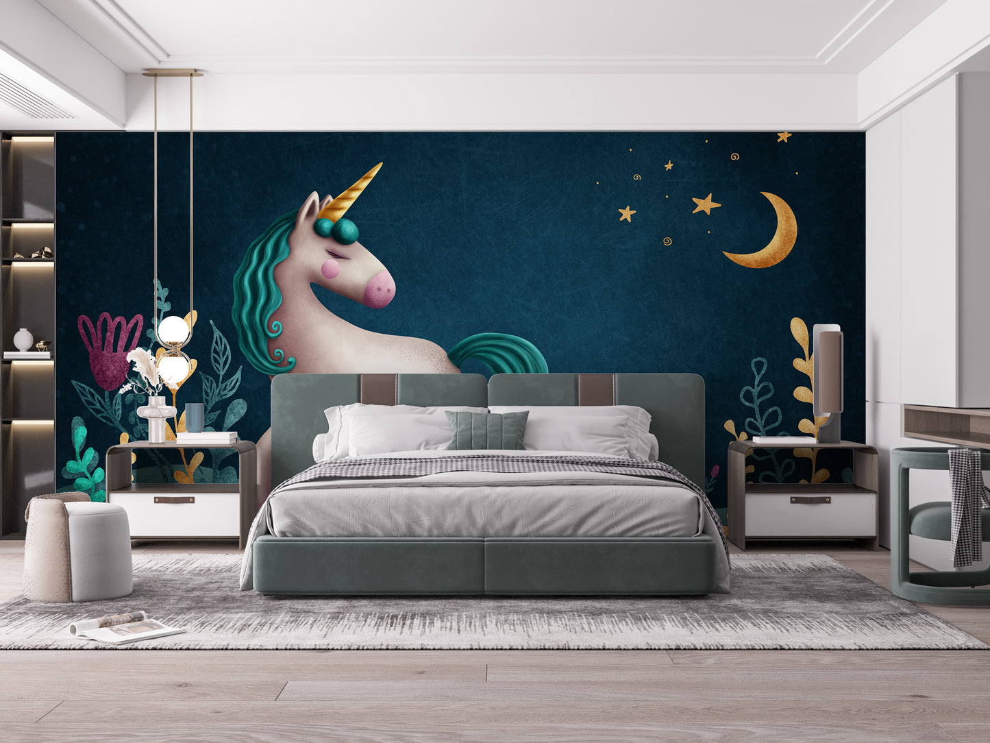 Blue & Green Night Unicorn Kids Nursery Wallpaper Mural