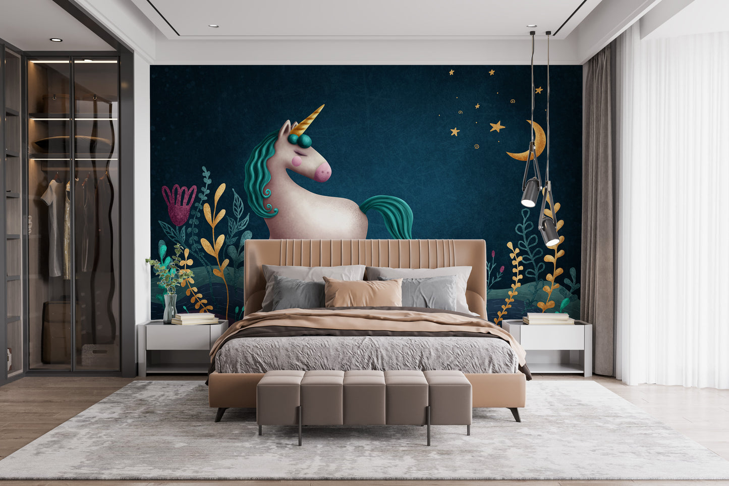 Blue & Green Night Unicorn Kids Nursery Wallpaper Mural