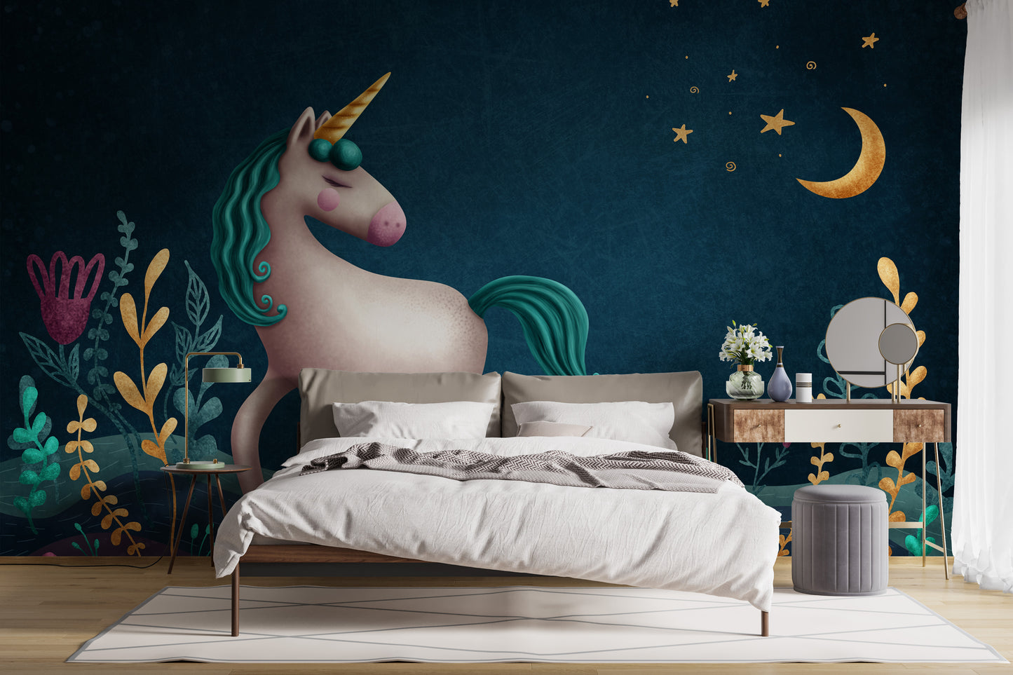 Blue & Green Night Unicorn Kids Nursery Wallpaper Mural