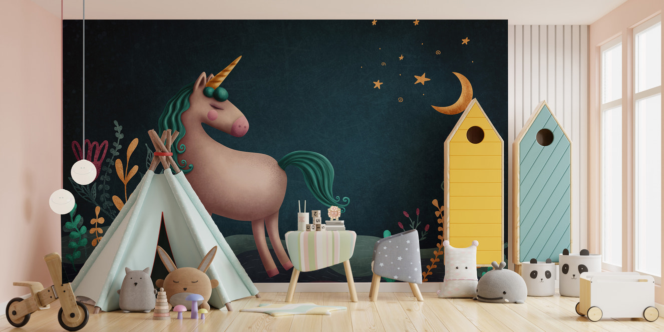 Blue & Green Night Unicorn Kids Nursery Wallpaper Mural