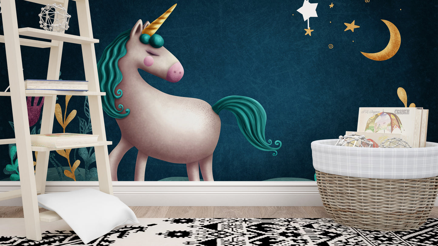 Blue & Green Night Unicorn Kids Nursery Wallpaper Mural