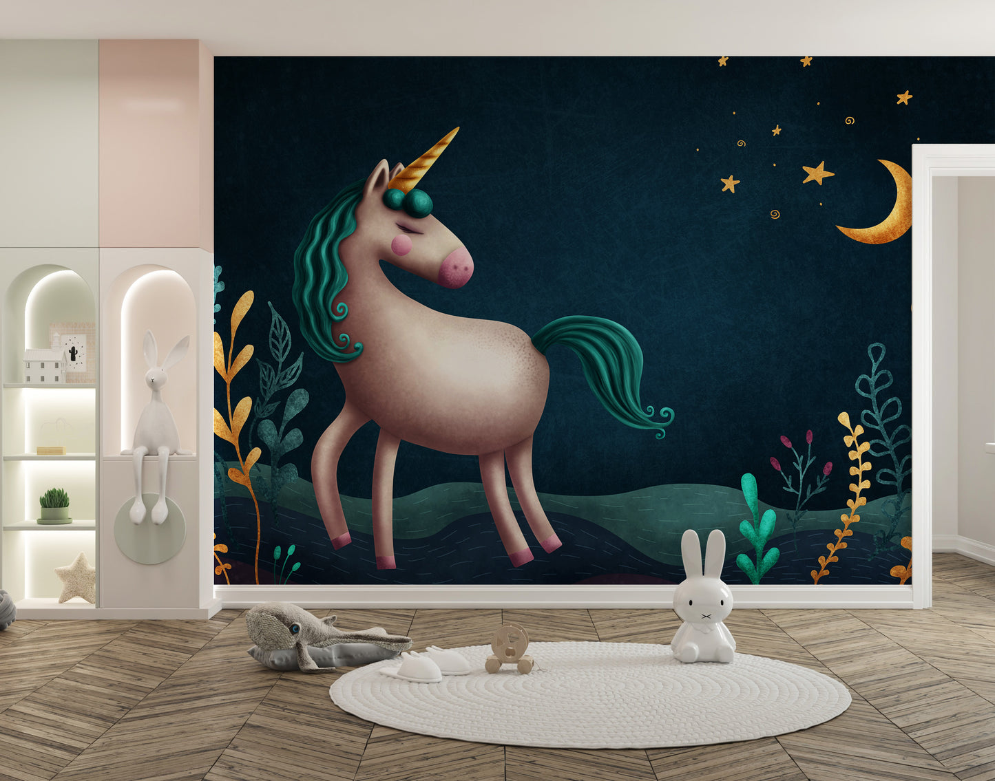 Blue & Green Night Unicorn Kids Nursery Wallpaper Mural