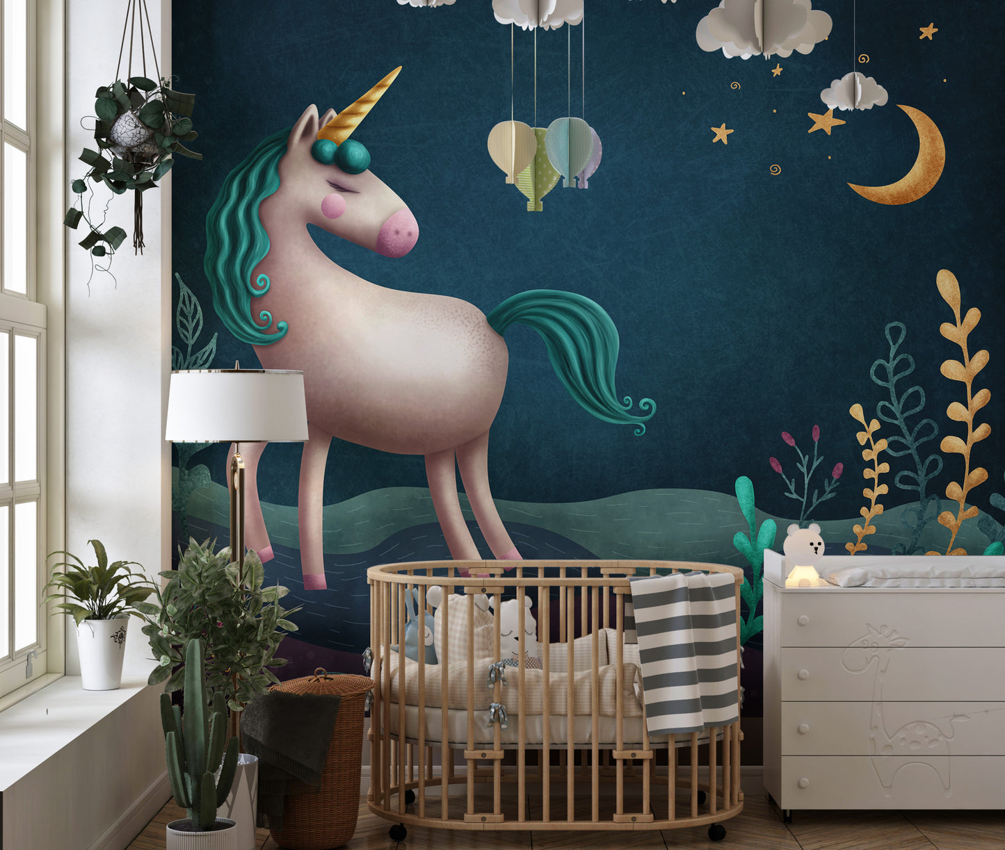 Blue & Green Night Unicorn Kids Nursery Wallpaper Mural