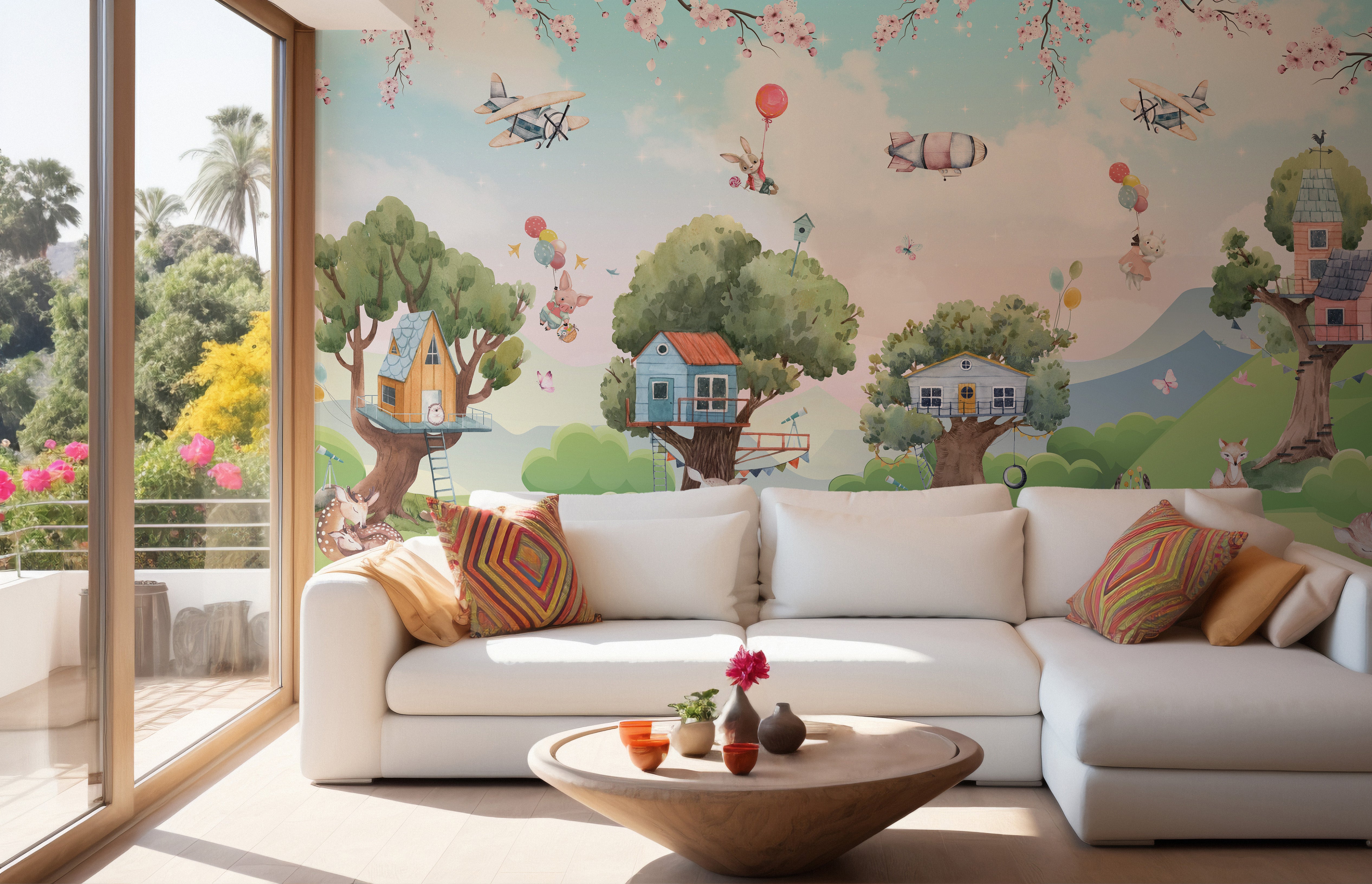 Kids room cartoon jungle mural with magical animals