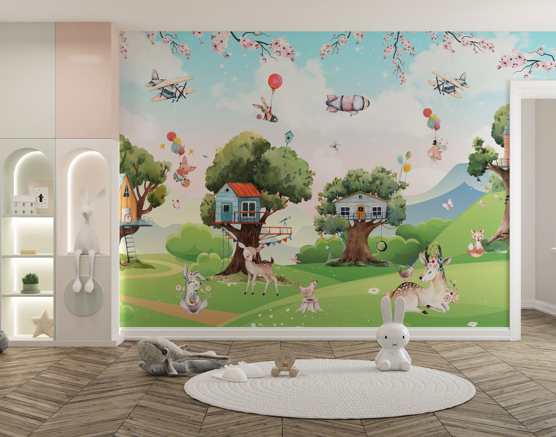 Jungle-themed kids mural with magical cartoon animals