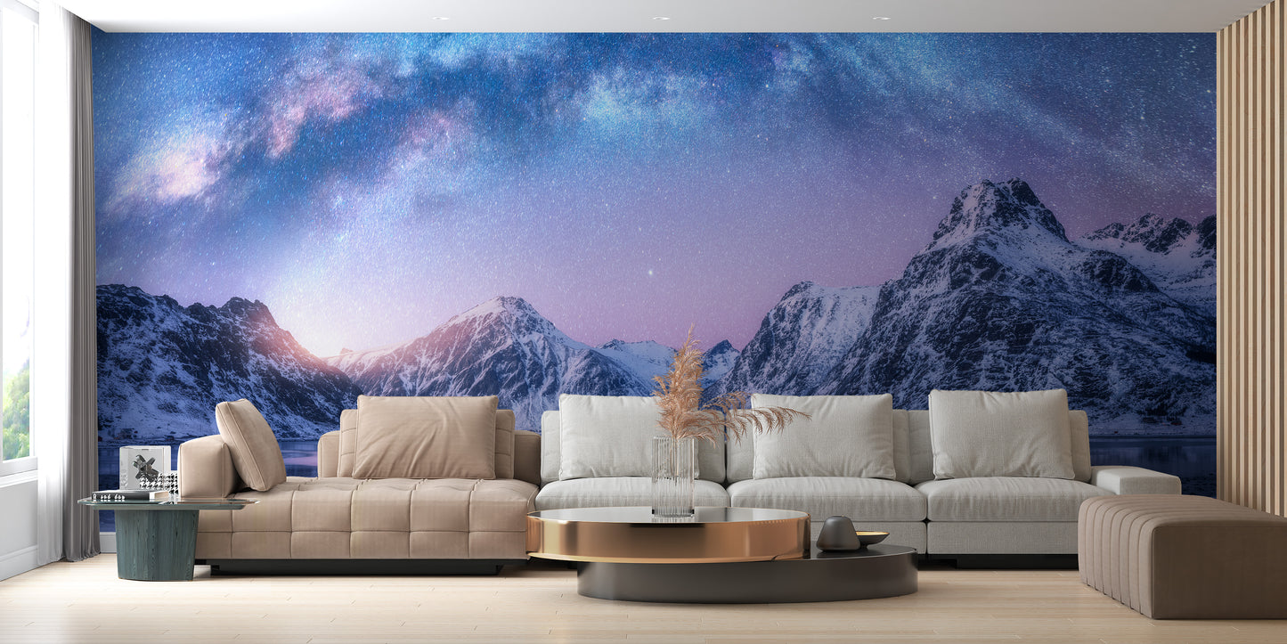 Winter mountain scene mural for peaceful room design