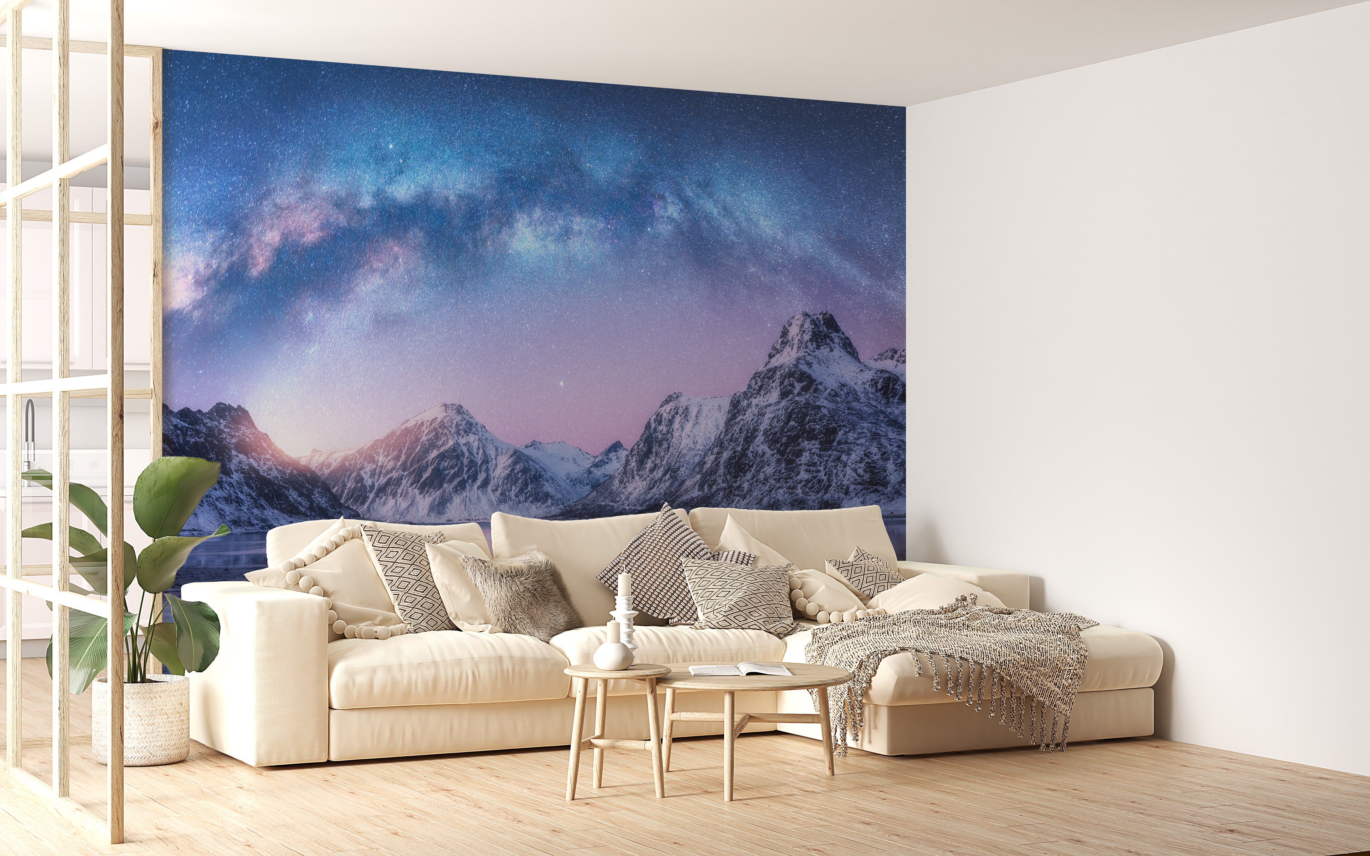 Scenic snowy mountain wallpaper for tranquil interiors