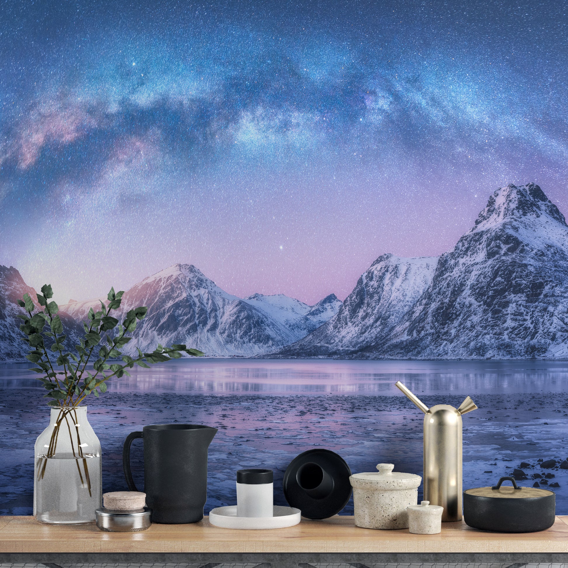 Snowy peaks wall mural for a serene mountain vibe