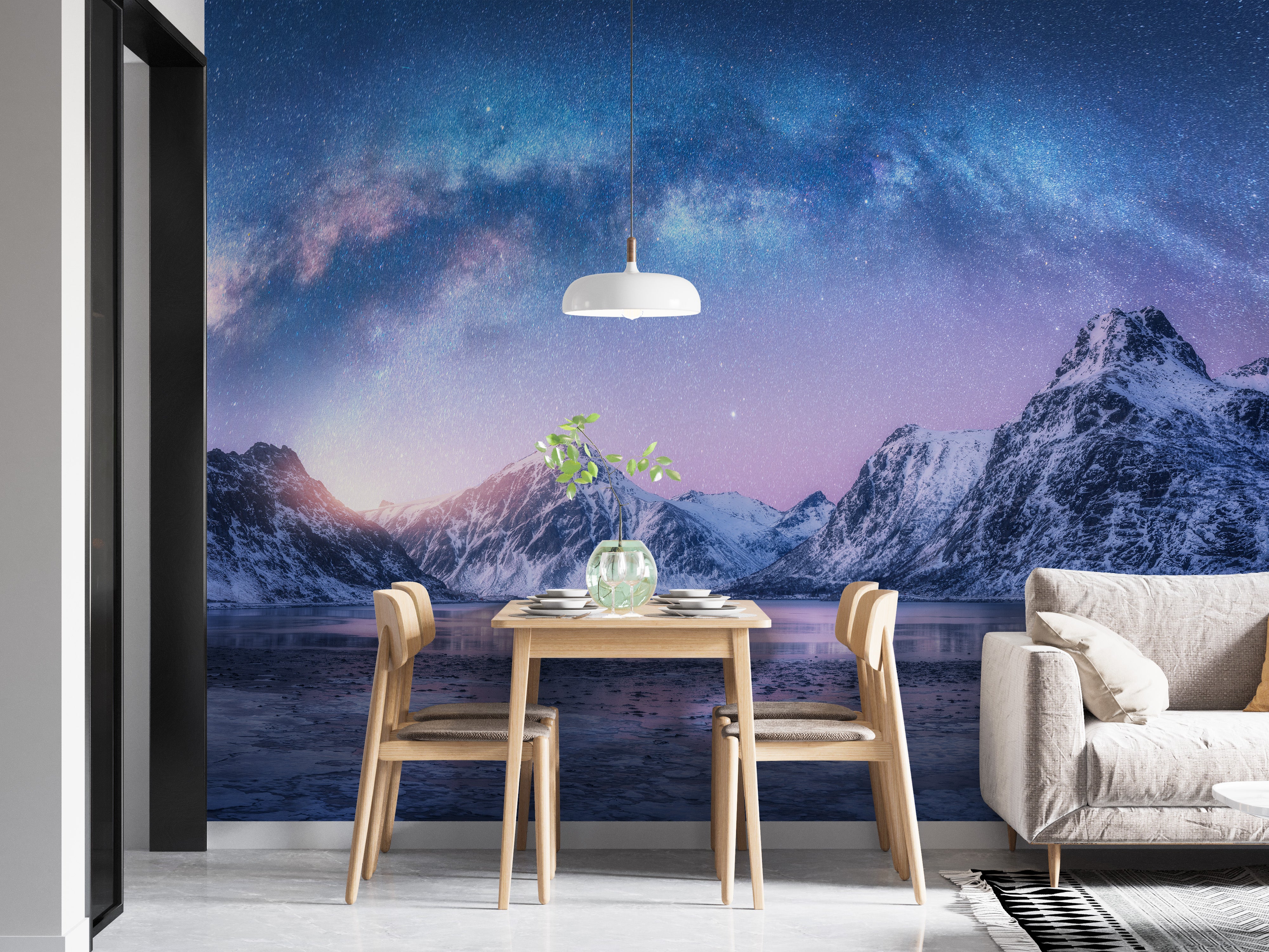 Peaceful snowy mountain scene for accent wall decor