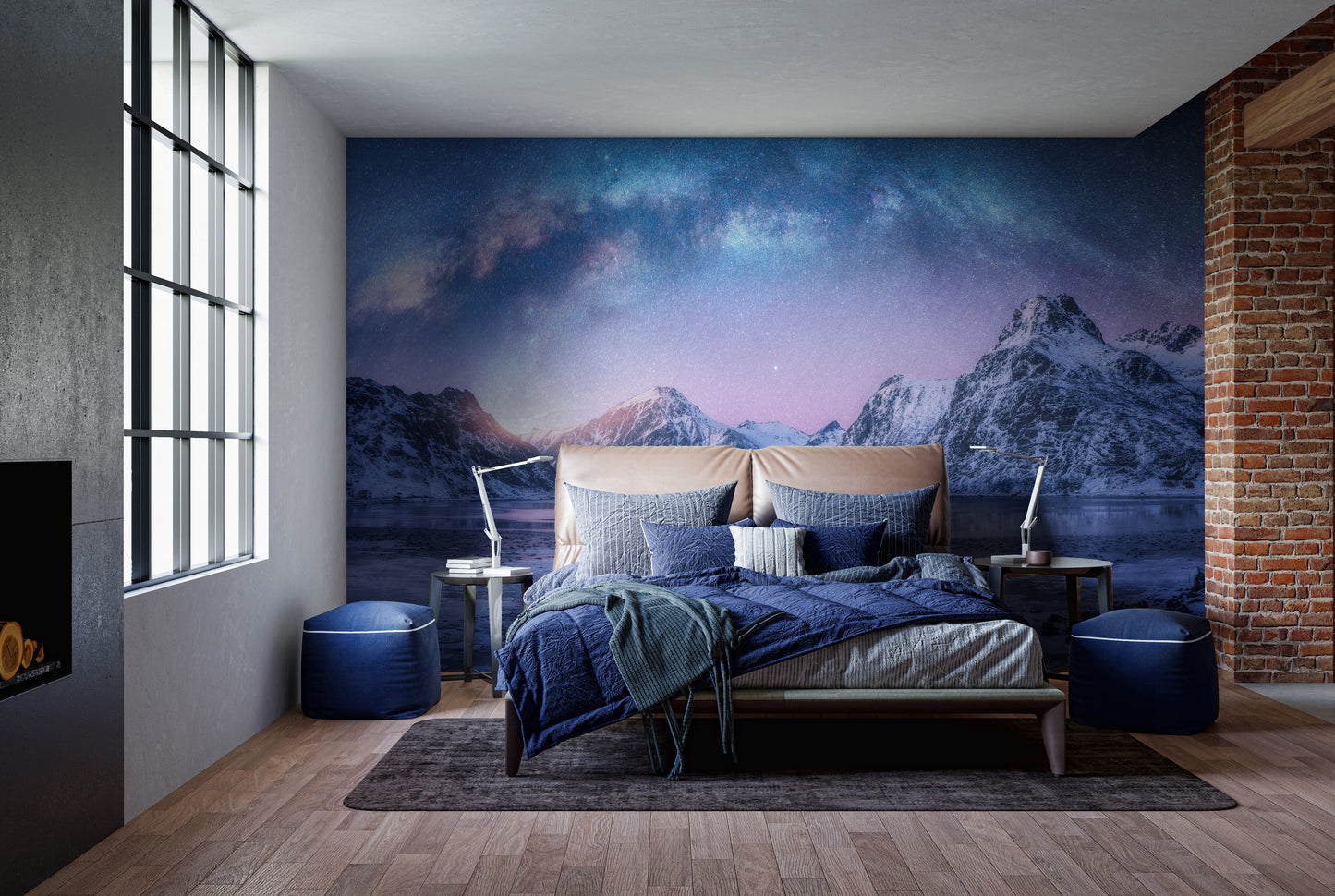 Winter landscape mural with snowy mountain views