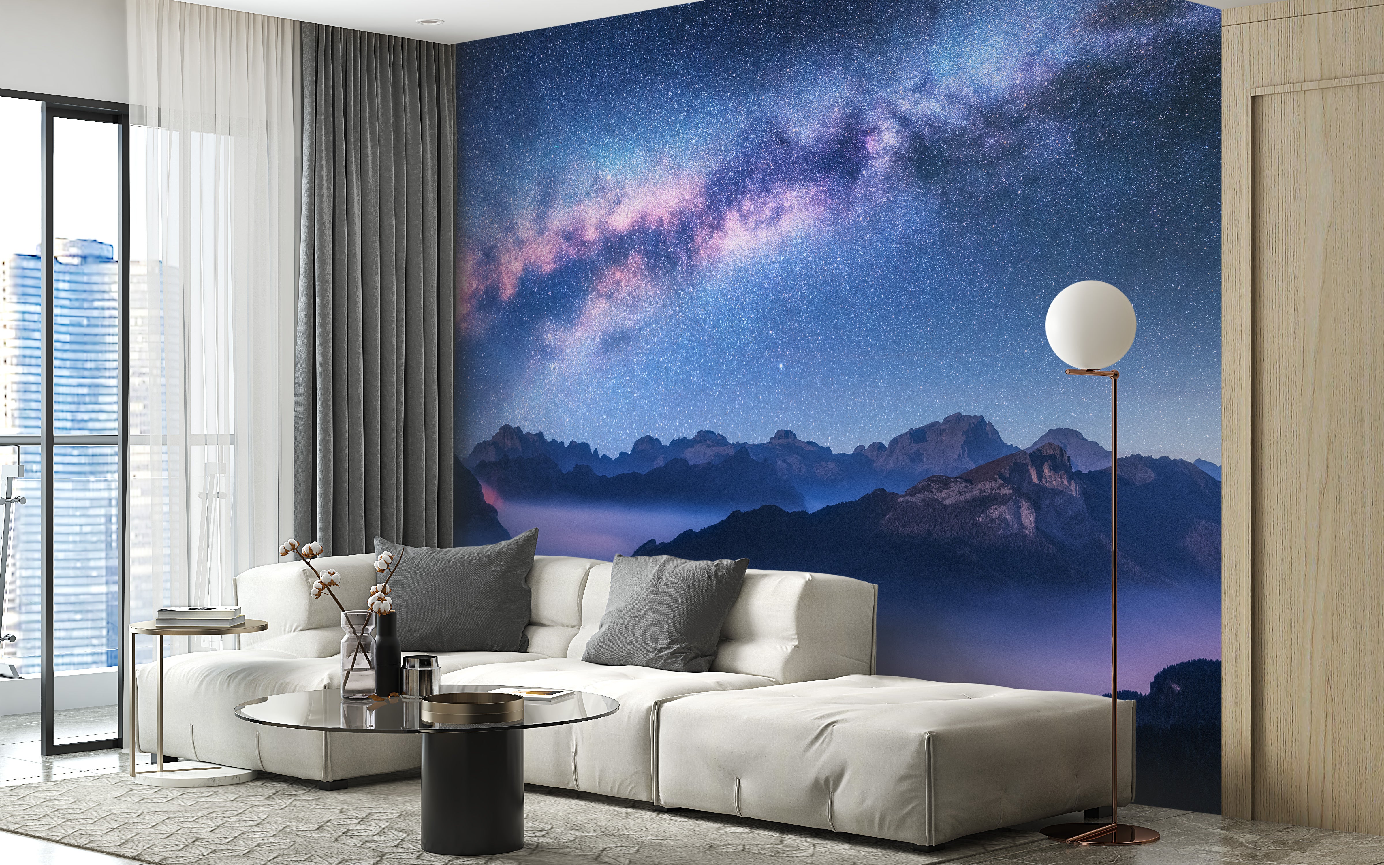 Snowy mountain landscape wall mural for serene decor