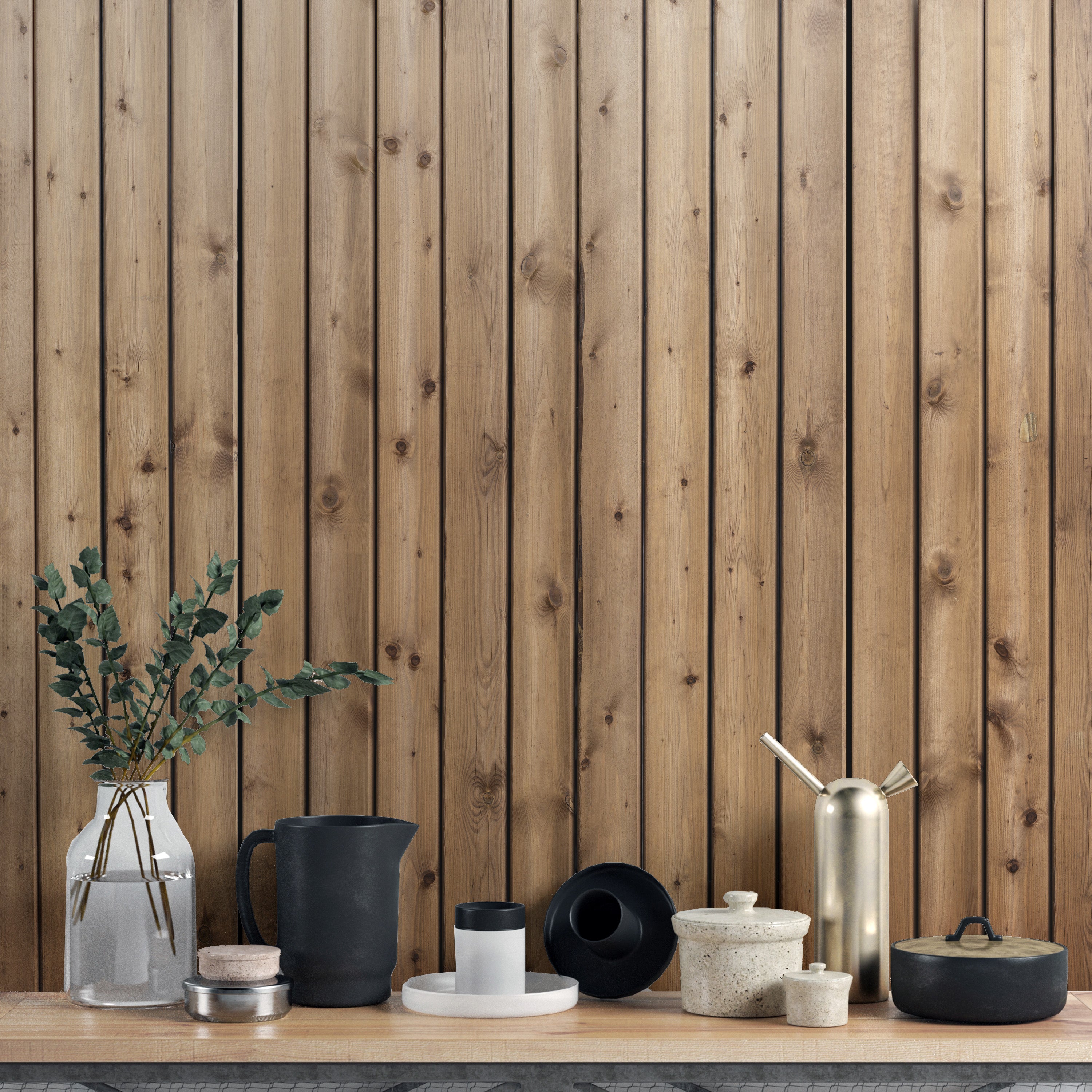 Wooden striped mural in natural brown tones for walls