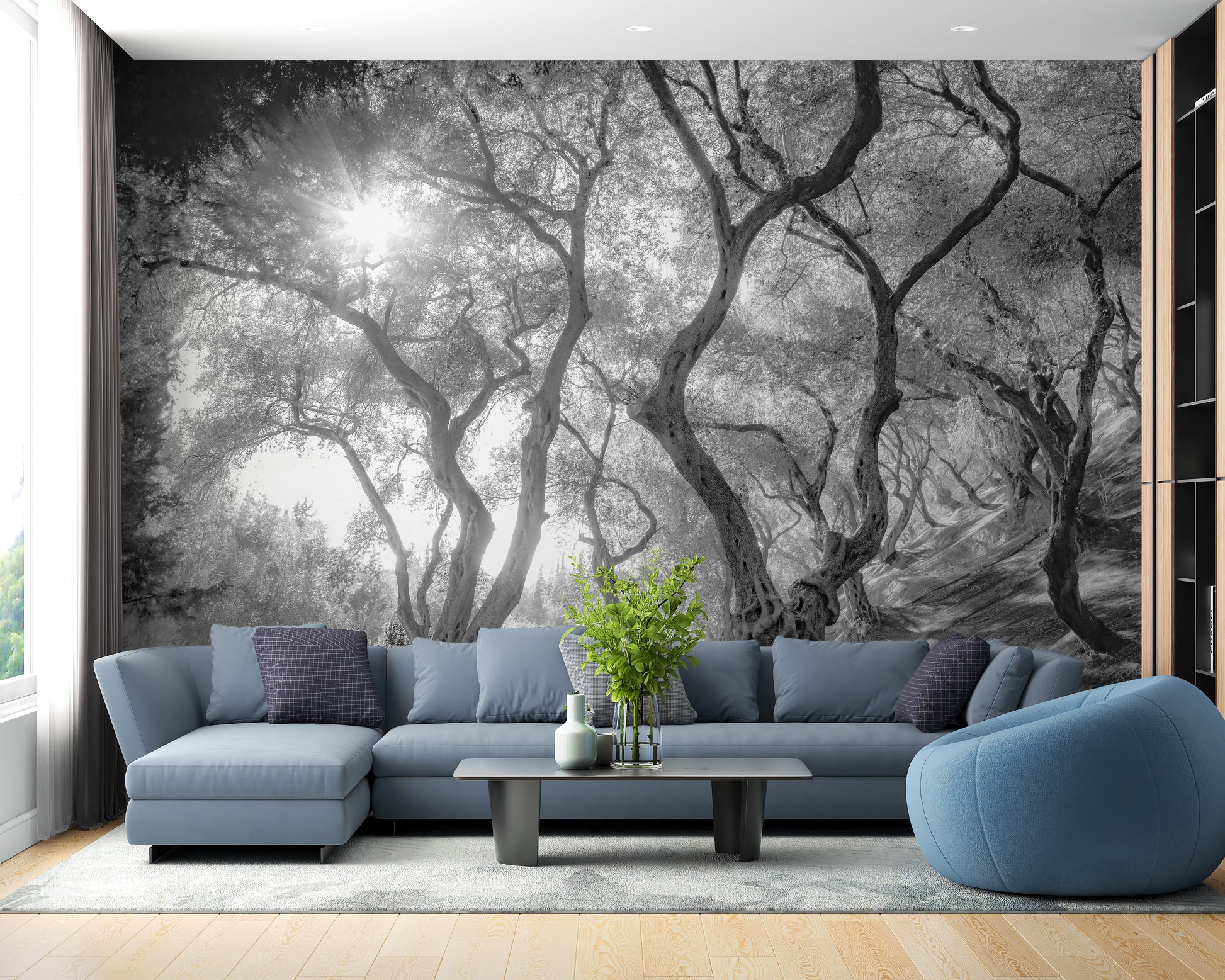 Black and white olive tree mural for calming spaces