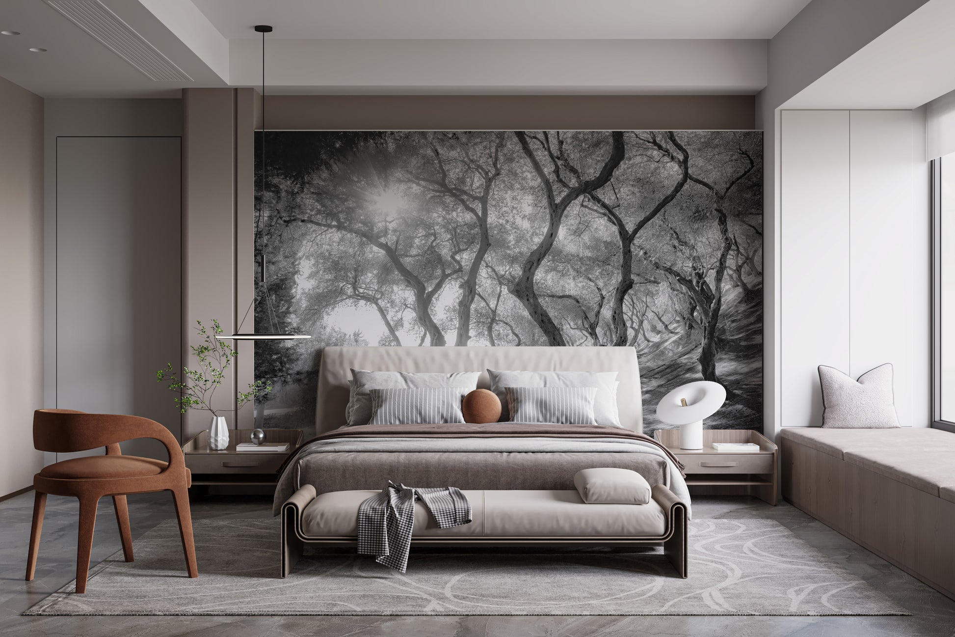 Olive grove forest wall mural in black and white shades