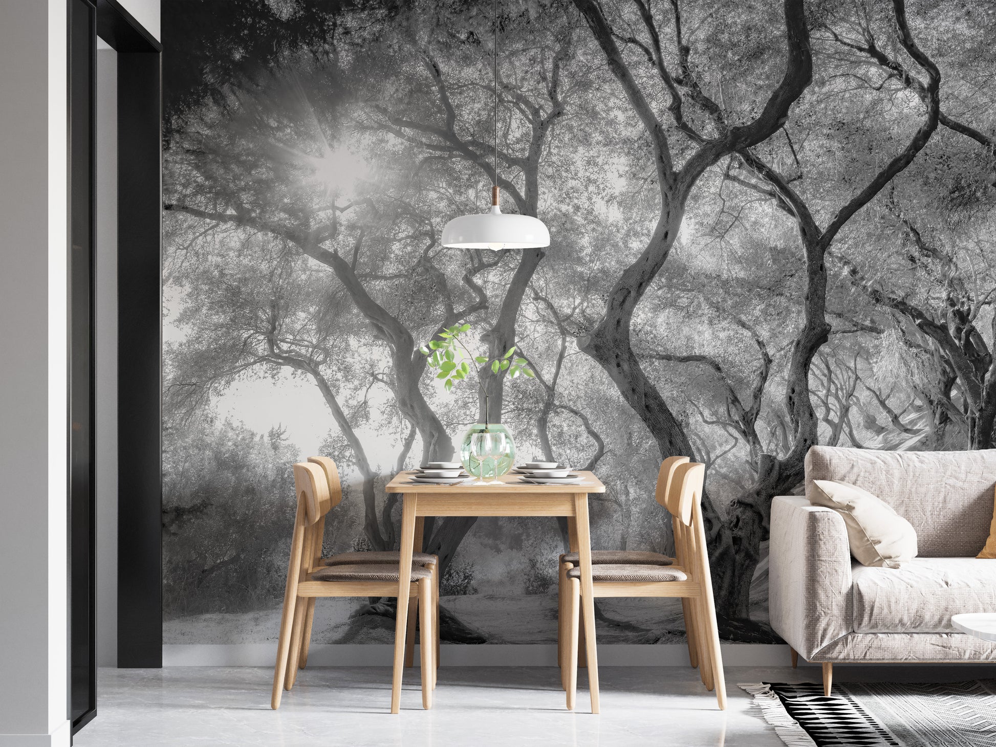 Black and white olive grove wallpaper for serene decor