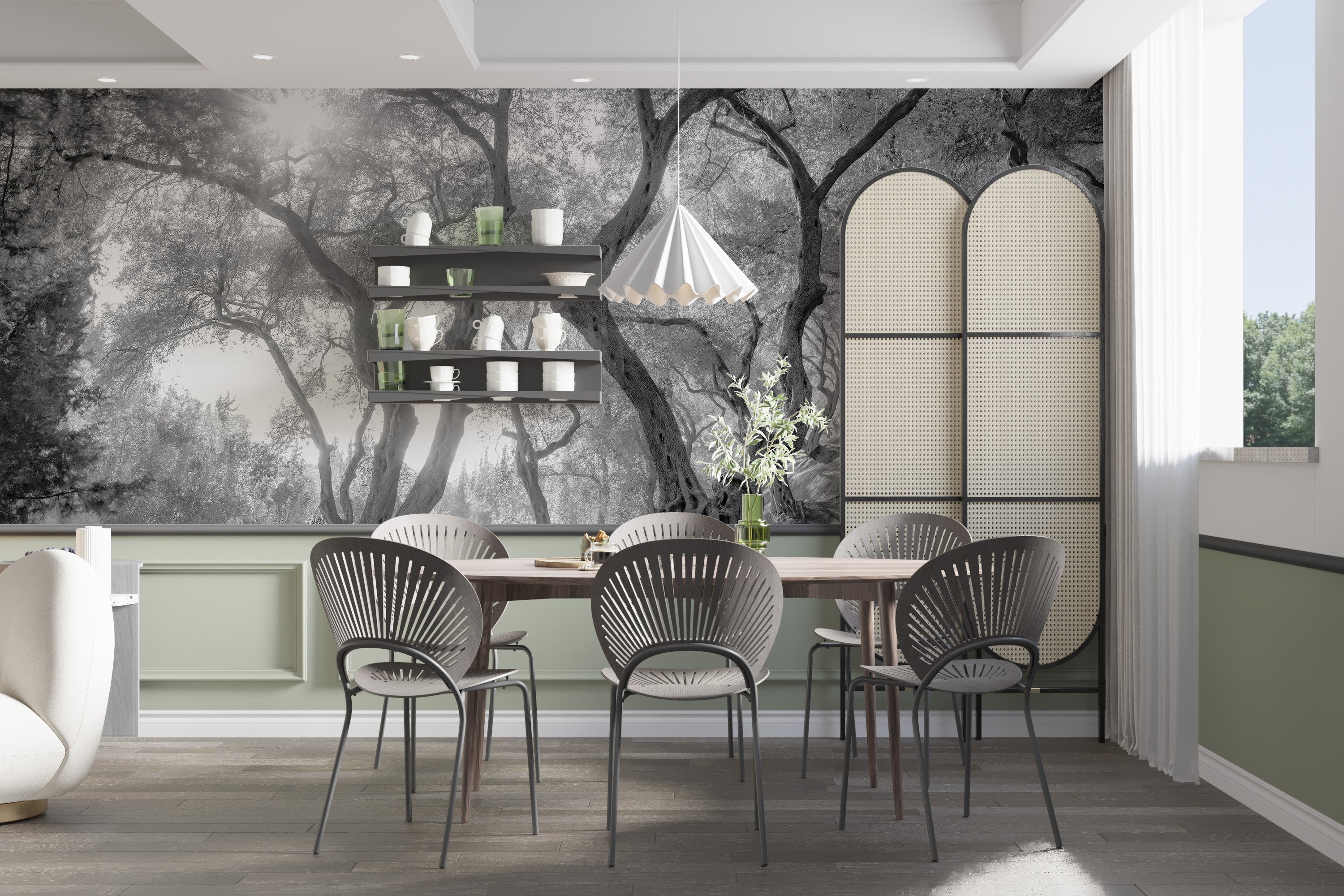 Natural forest wallpaper with black and white olive trees